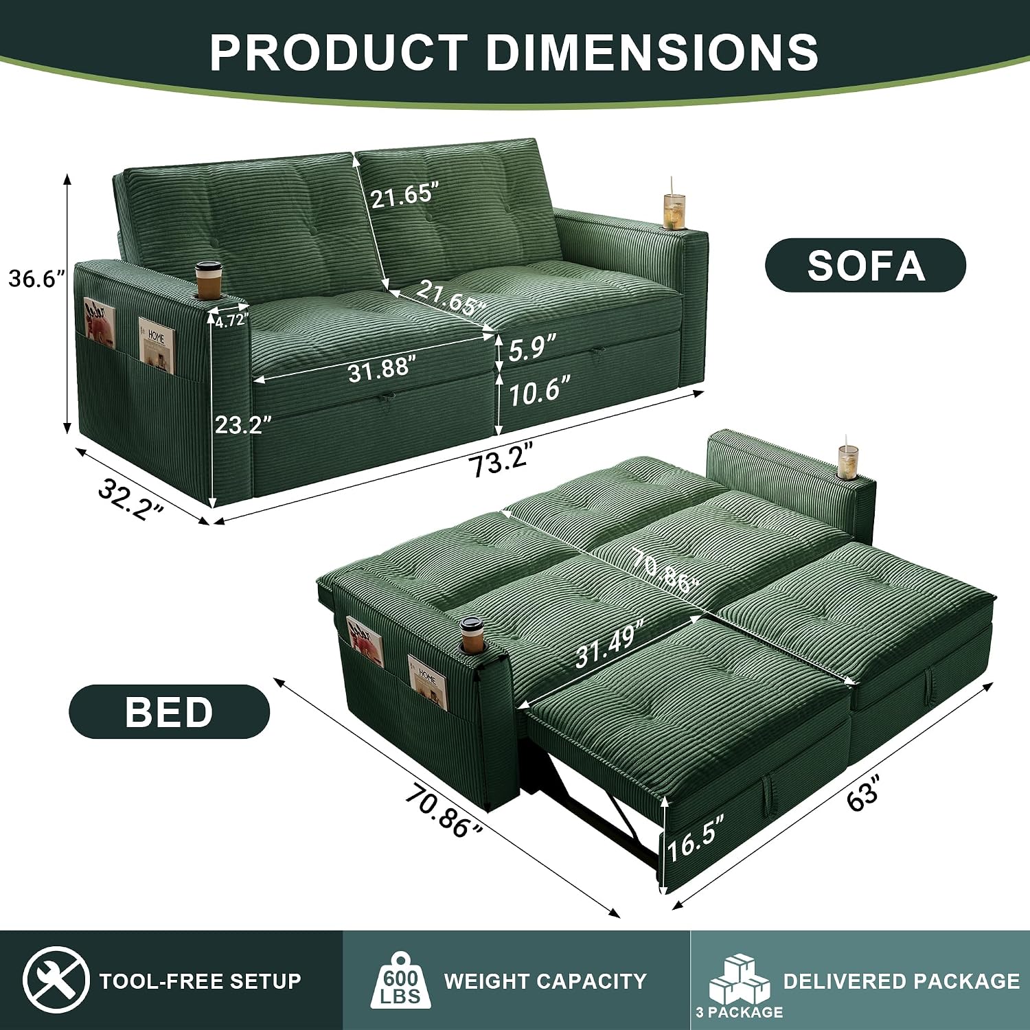 MAKIAAP Sleeper Sofa Bed, Queen Size Sofa Bed, Convertible Pull Out Couch with Adjustable Backrest, USB Port and Side Pockets, Modern 2 Seater Small Couches for Living Room, Space-Saving