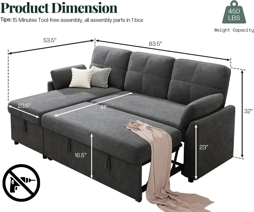 Jocisland L Shaped Sofa Bed, Sleeper Sofa with Storage Chaise, Convertible Couch Bed with Pull Out Couch for Living Room, Linen Gray
