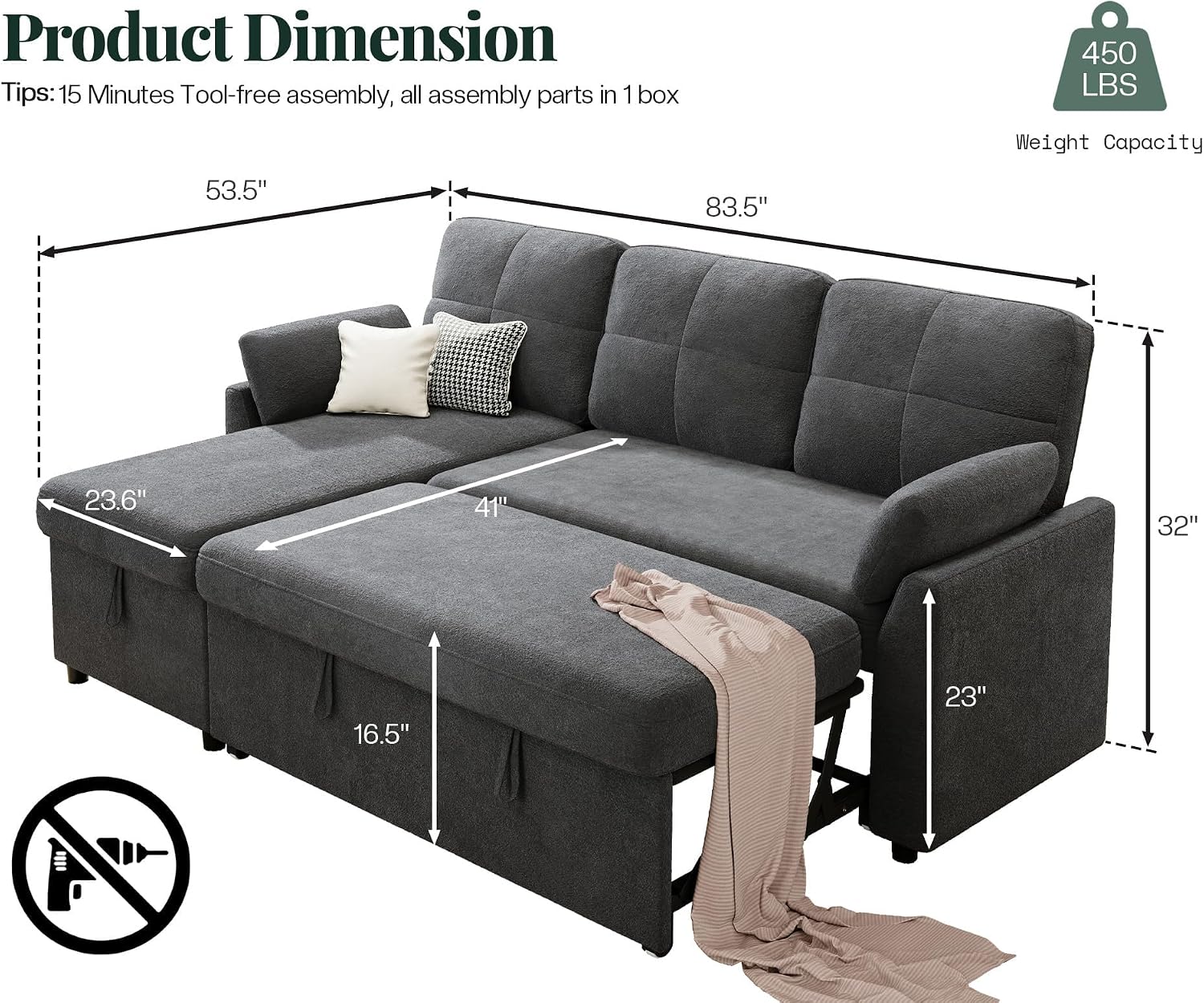 Jocisland L Shaped Sofa Bed, Sleeper Sofa with Storage Chaise, Convertible Couch Bed with Pull Out Couch for Living Room, Linen Gray