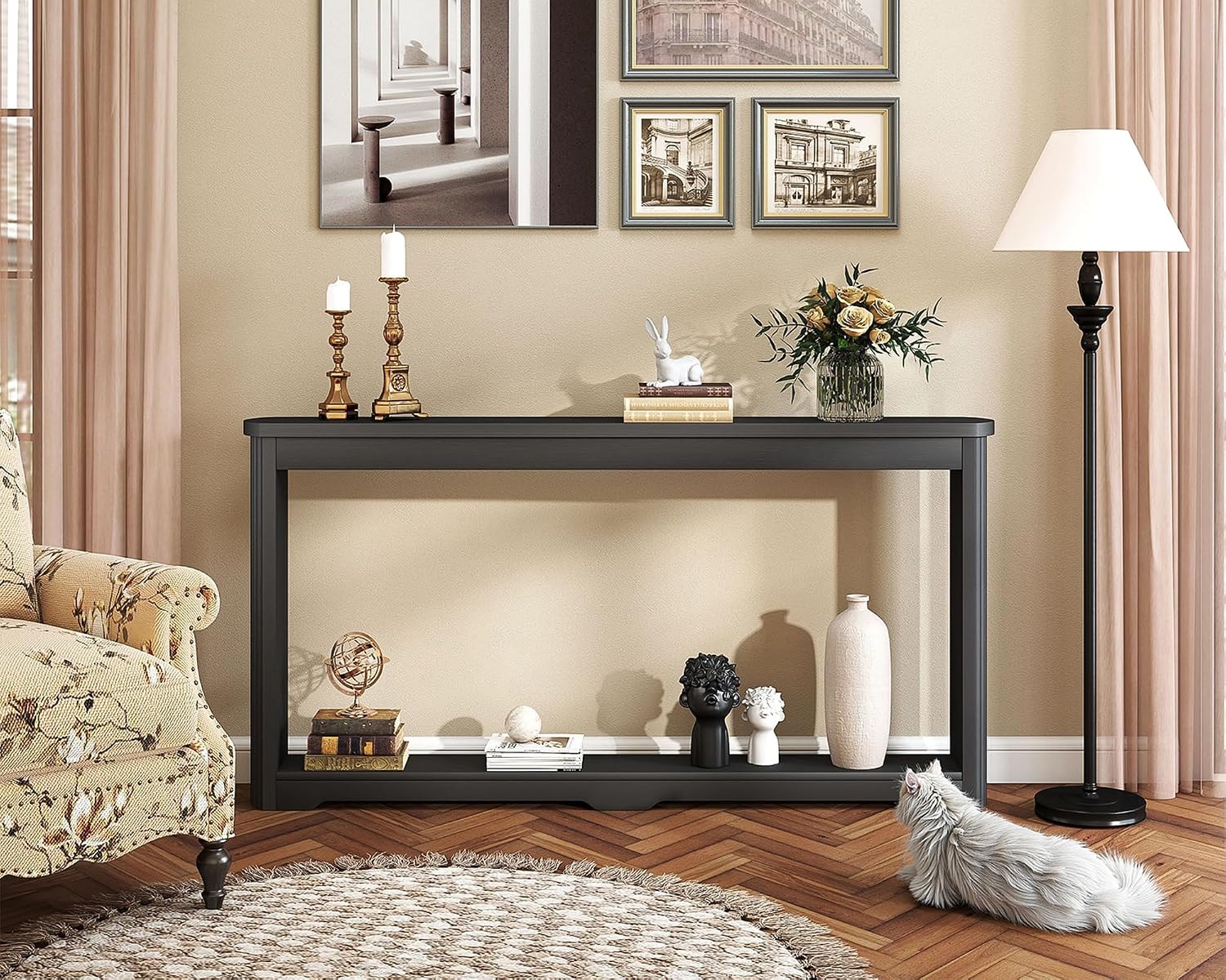 Rovibek Modern 70 Inch Entryway Table Narrow - Behind Sofa Table Narrow, 8 Inch Deep Console Table Behind Couch with Open Storage, Black Entryway Table for Hallway, Foyer, Living Room