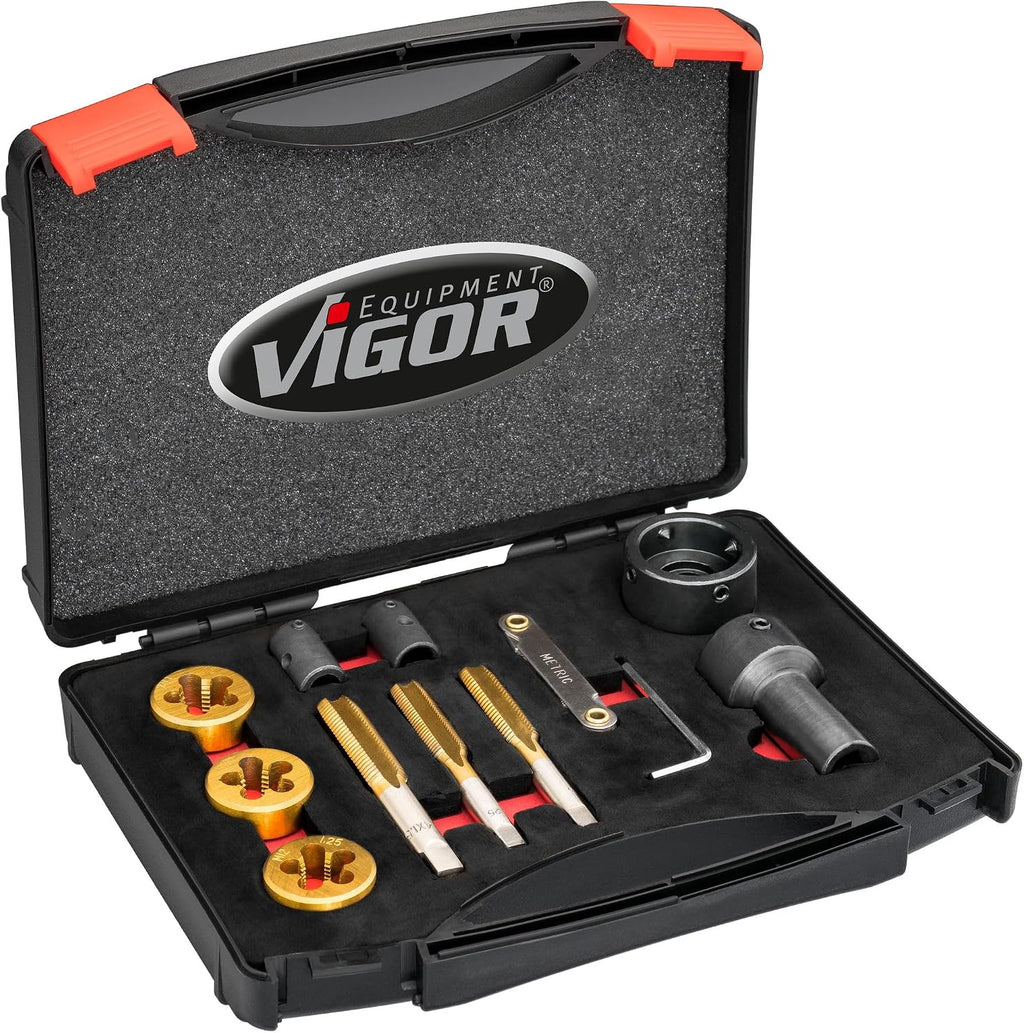 ViGOR Thread Cutting Set V7181 for Wheel Bolts and Lug Nuts, Direct to Vehicle, M12x1.25, M12x1.5, M14x1.5mm, TIN-HSS Coated, for Damaged and Rusty Threads