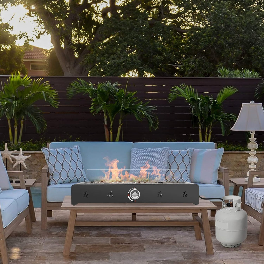 Onlyfire 28'' Tabletop Fire Pit with Cover, Propane Gas Fireplace with Rear Air Inlet, Glass Wind Guard and Lava Rock, Outdoor Patio Rectangular Smokeless Fire Table