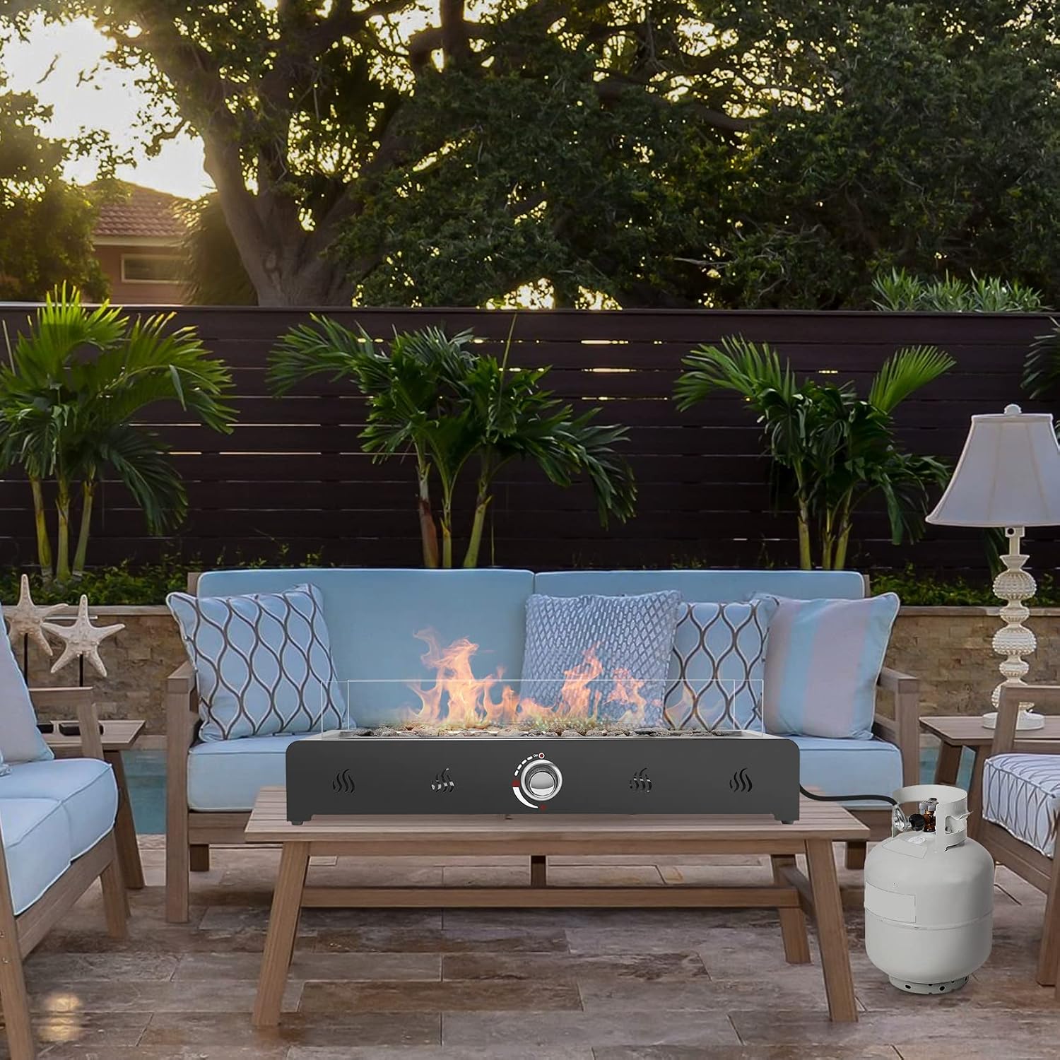 Onlyfire 28'' Tabletop Fire Pit with Cover, Propane Gas Fireplace with Rear Air Inlet, Glass Wind Guard and Lava Rock, Outdoor Patio Rectangular Smokeless Fire Table