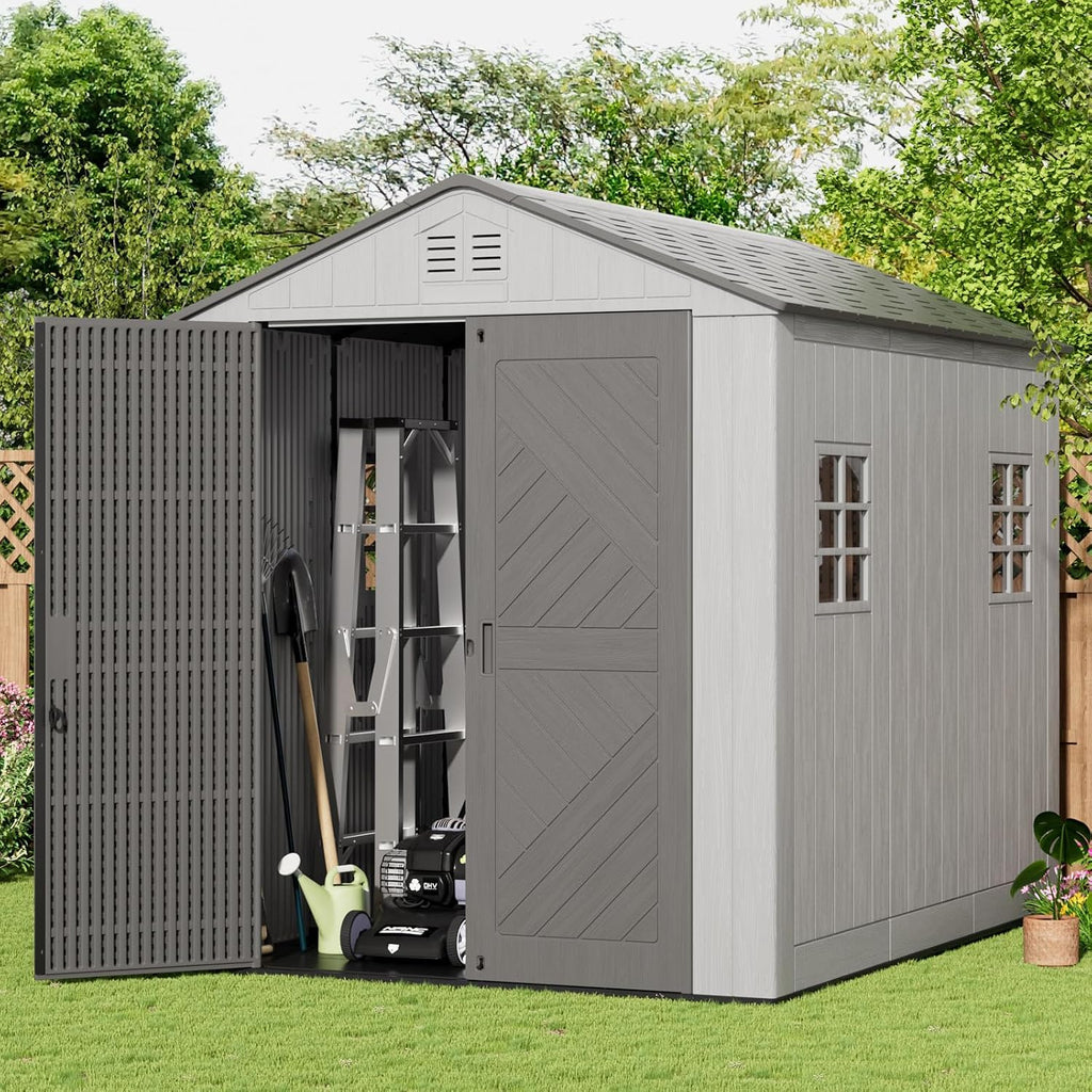 Mrosaa 6x8.6 FT Storage Shed with Floor,HDPE Resin Outdoor Storage Shed Weather Resistant,Lockable Garden Sheds with Windows for Home/Garden Tools/Backyard/Lawn Mower/Bike Storage(Gray)