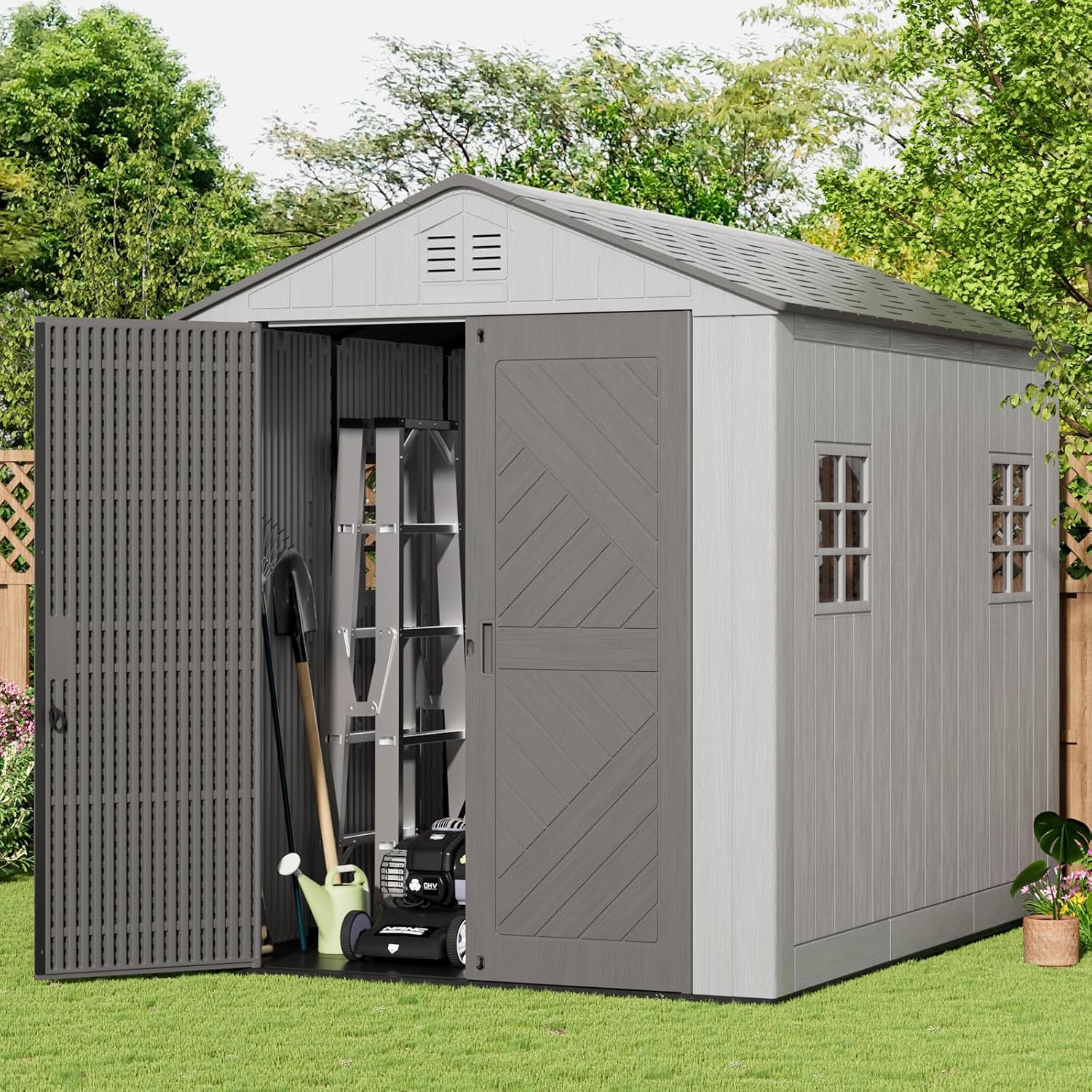 Mrosaa 6x8.6 FT Storage Shed with Floor,HDPE Resin Outdoor Storage Shed Weather Resistant,Lockable Garden Sheds with Windows for Home/Garden Tools/Backyard/Lawn Mower/Bike Storage(Gray)