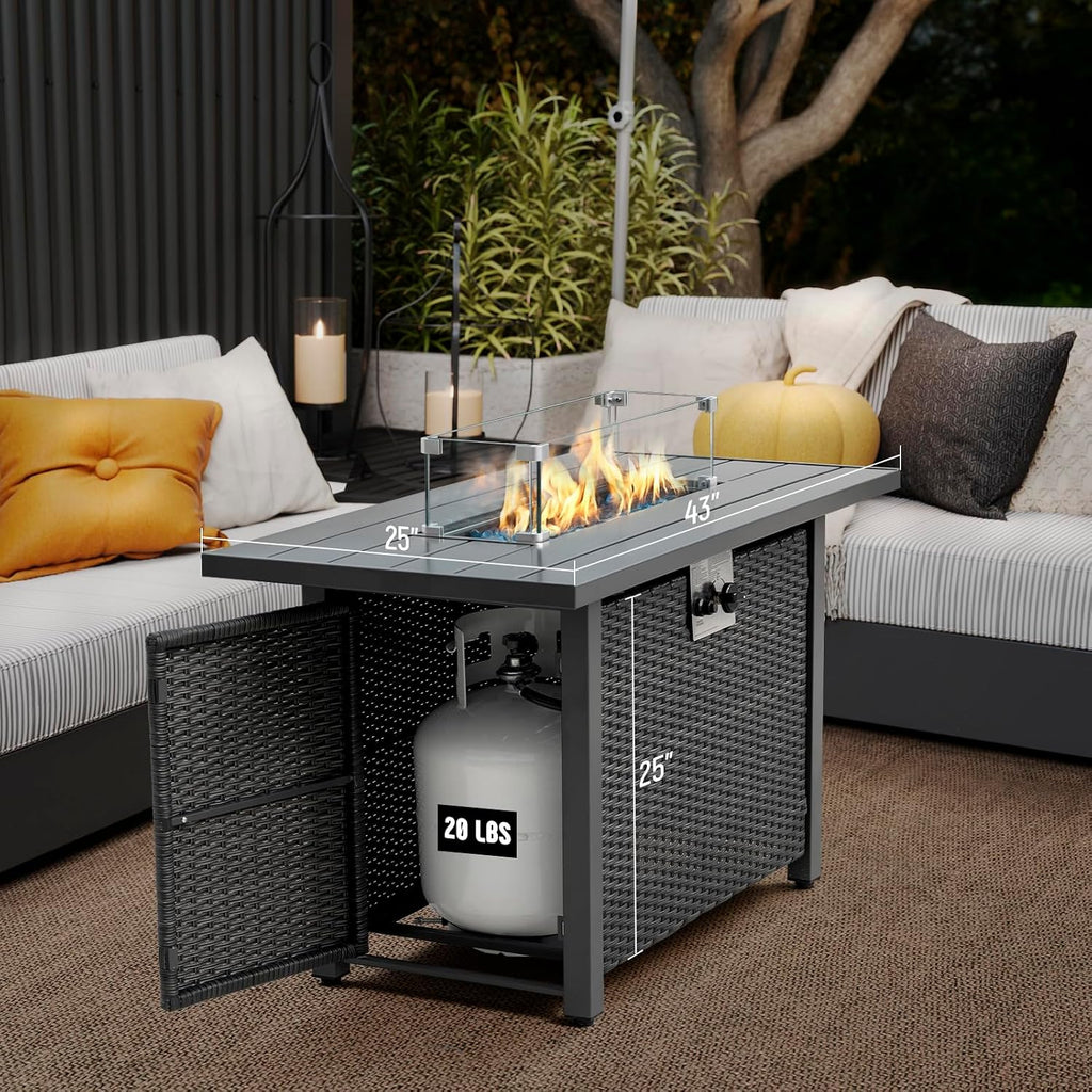Werph 43' Propane Fire Pit Table with Rattan Fence, 50,000 BTU Gas Fire Pits for Outside Patio with Auto-Ignition, 2-in-1 Fire Table with Natural Lava Rock, Wind Guard& Removable Lid, Black