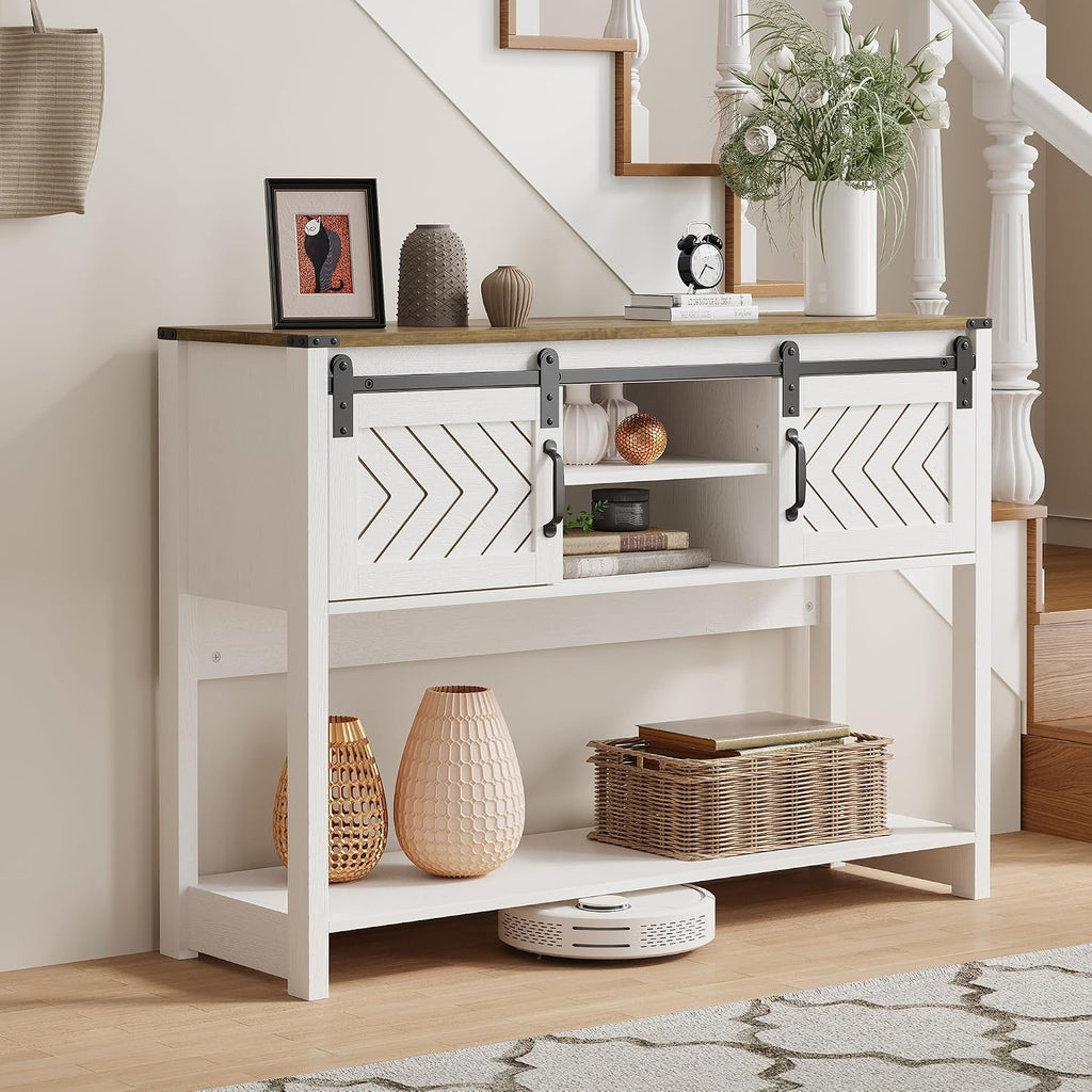 RoyalCraft Console Table with Storage Shelf & Sliding Barn Door, Farmhouse Entryway Table with Storage, 46' Narrow Long Sofa Table, Behind Couch Table, Console Tables for Living Room, Entryway, Foyer
