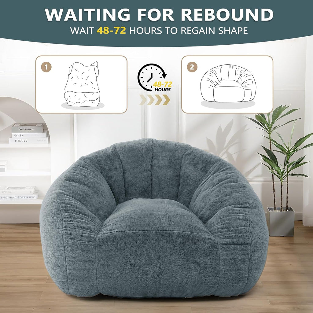 Bean Bag Chair for Adults, Soft Faux Fur Giant Beanbag Chairs, Oversized Cozy Bean Bag Couch Large Reading Chair, Comfy Bean Bag Sofa for Living Room, Bedroom & Dorm, Blue Grey
