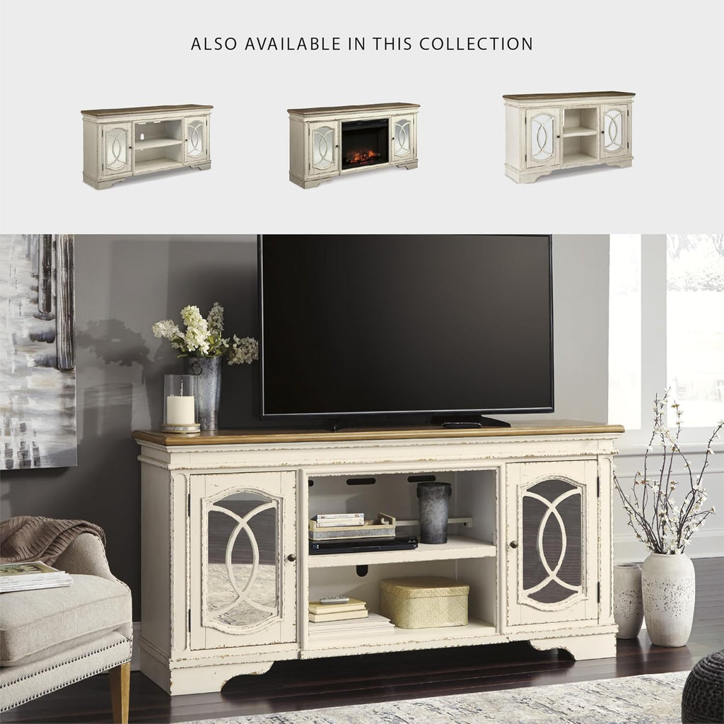 Signature Design by Ashley Realyn Farmhouse TV Stand with Fireplace Option Fits TVs up to 72', 2 Cabinet Doors and Adjustable Storage Shelf, White & Rustic Brown