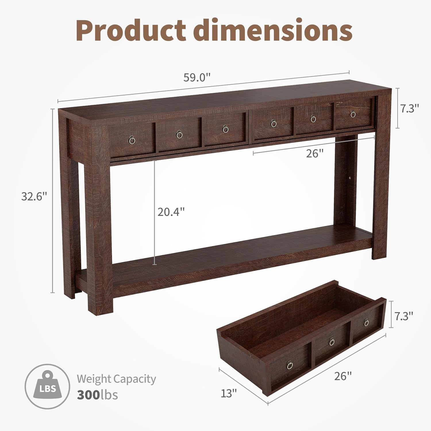 IDEALHOUSE 54inch Rustic Wooden Entryway Table with 2 Drawers & Open Shelf – Farmhouse Console Sofa Table for Hallway, Foyer & Living Room, Brown