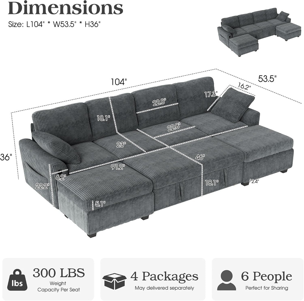 Ihanherry 6-Seater Large Sectional Sofa Bed with Storage Ottoman, Corduroy Reversible Modular Sleeper Sofa Couch with USB Port, 104' L-Shaped Convertible Couch for Living Room（Gray）
