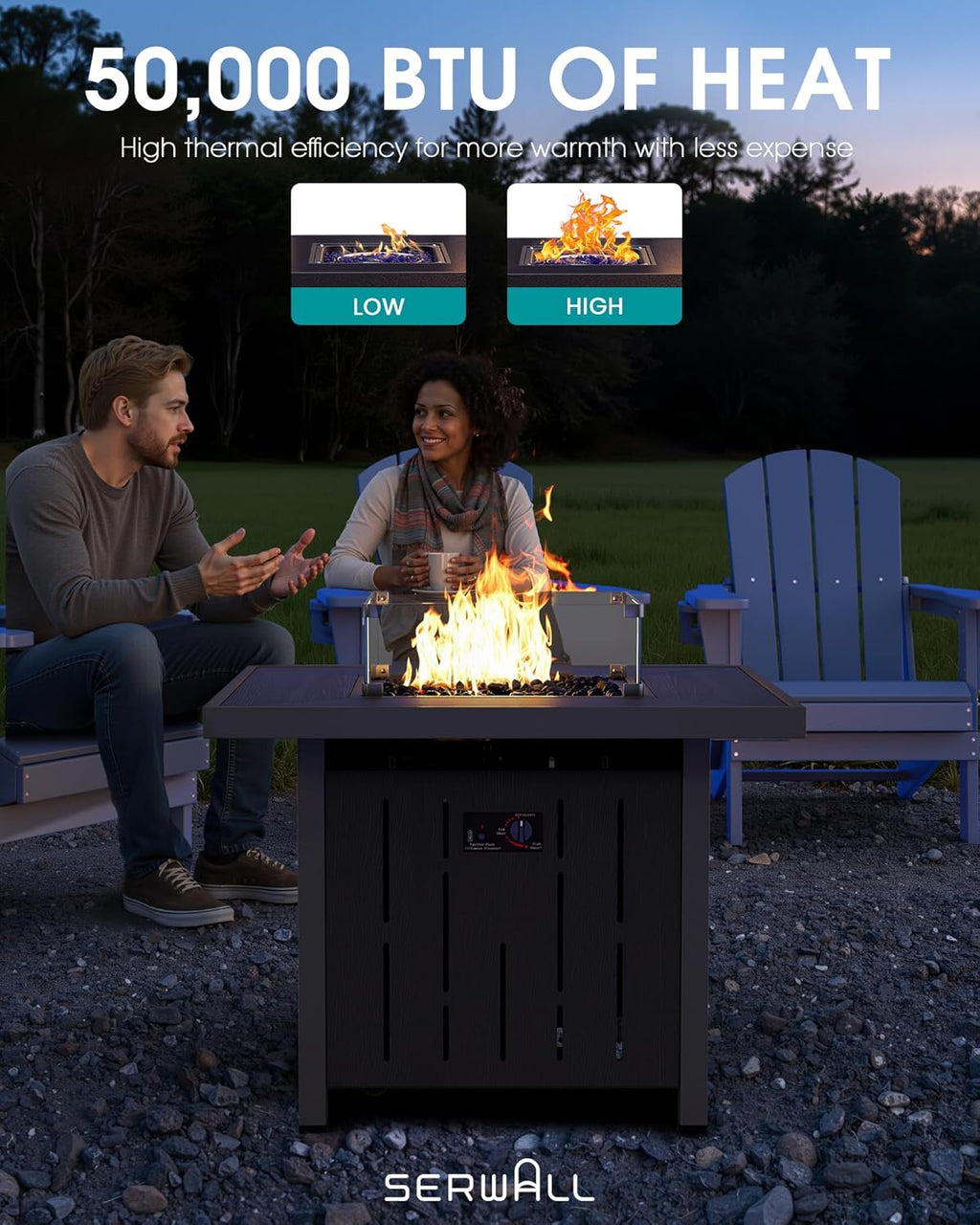 SERWALL 33' Outdoor Fire Pit Table, 50,000 BTU Square Propane Fire Pit Table with Lid, Glass Rock & Glass Wind Guard, HDPE Outdoor Furniture for Patio, Garden, Backyard, Black