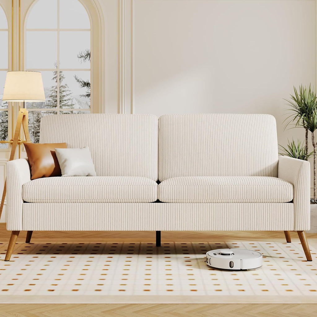 Vipbear 68' Loveseat Sofa - Cream White, Comfy Corduroy with Spring Cushion, Solid Wood Frame, Modern Deep Seat, Bedroom & Living Room, Office Small Couch