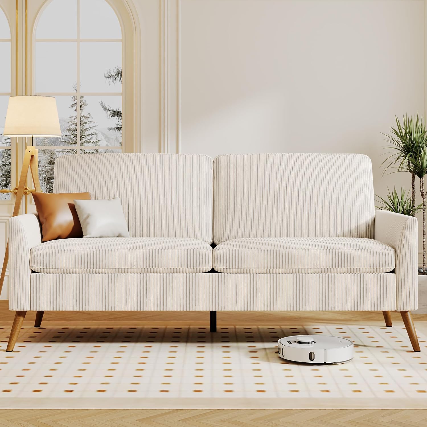 Vipbear 68' Loveseat Sofa - Cream White, Comfy Corduroy with Spring Cushion, Solid Wood Frame, Modern Deep Seat, Bedroom & Living Room, Office Small Couch