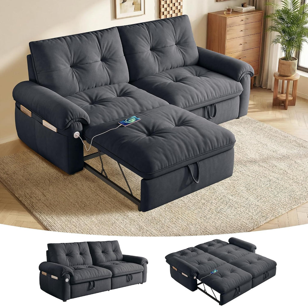 MAKIAAP Sleeper Sofa Bed, Queen Size Sofa Bed, Convertible Pull Out Couch with Adjustable Backrest, USB Port and Side Pockets, Modern 2 Seater Small Couches for Living Room, Space-Saving