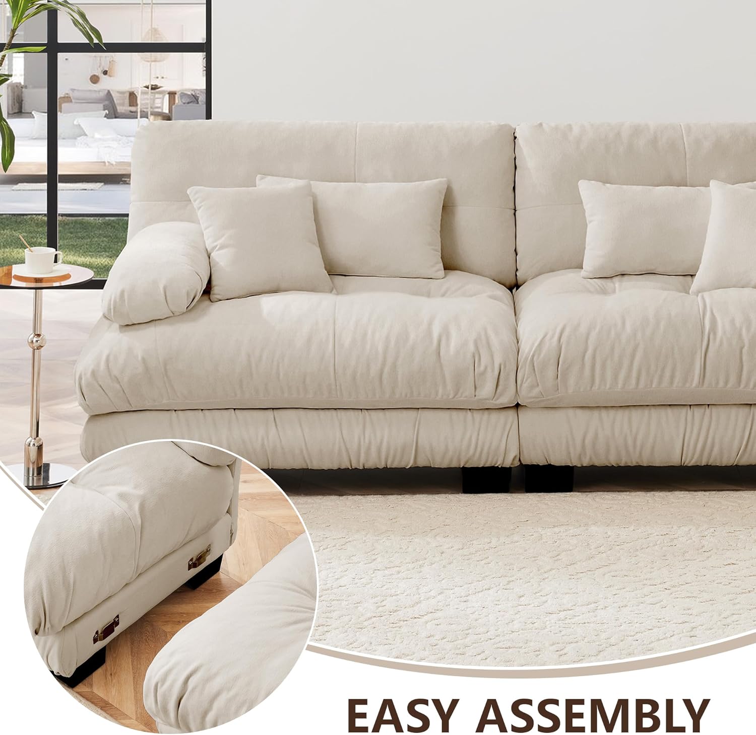 Loveseat Modular Sectional Sofa Cloud Couch, 94.4' Oversized U-Shaped Couch with Ottoman, Modern Deep Seat Sectional Couches for Living Room, Comfy Chenille Sofa Bed with Pillows, Light Coffee