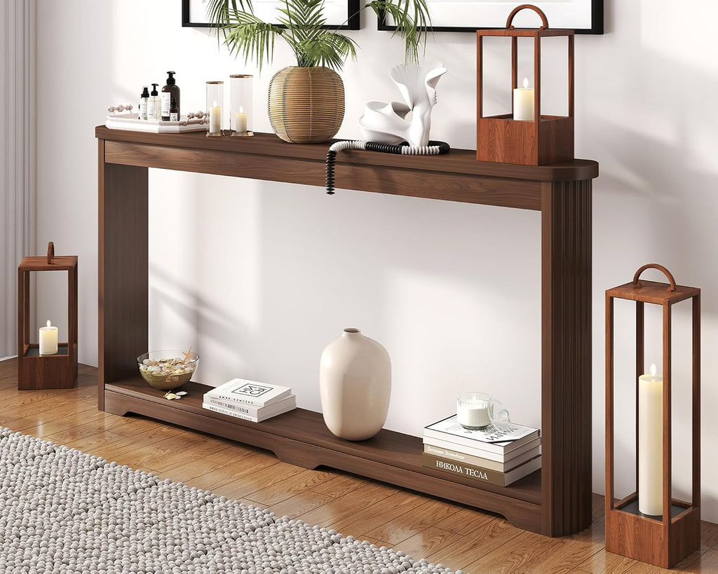Rovibek Modern 70 Inch Entryway Table Narrow - Behind Sofa Table Narrow, 8 Inch Deep Console Table Behind Couch with Open Storage, Walnut Entryway Table for Hallway, Foyer, Living Room