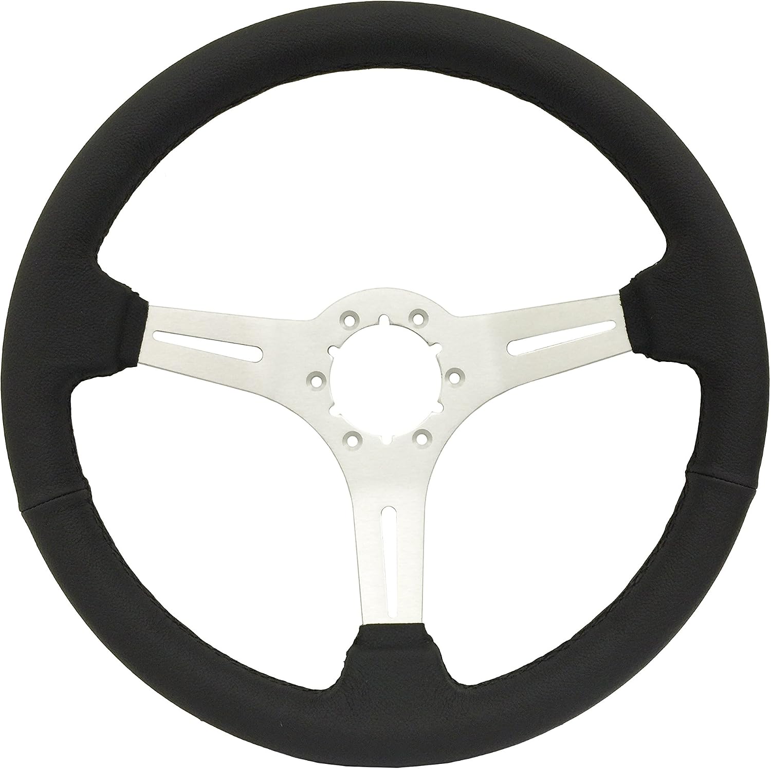 1963-1982 GM Chevy Corvette, Black Leather Steering Wheel with Brushed Center, also compatible with Camaro, El Camino, Chevelle, Impala, Nova, Pickup Truck with wood wheel option