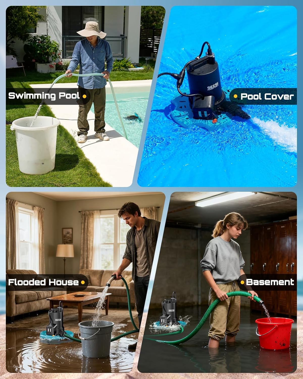 SEESII 1/3HP Pool Cover Pump - Automatic On/Off, 3035GPH Submersible Water Pump with Filter Net, 25ft Power Cord, Check Valve, Sump Pump for Swimming Pool, Hot Tubs, Pond, Basement, Rooftops