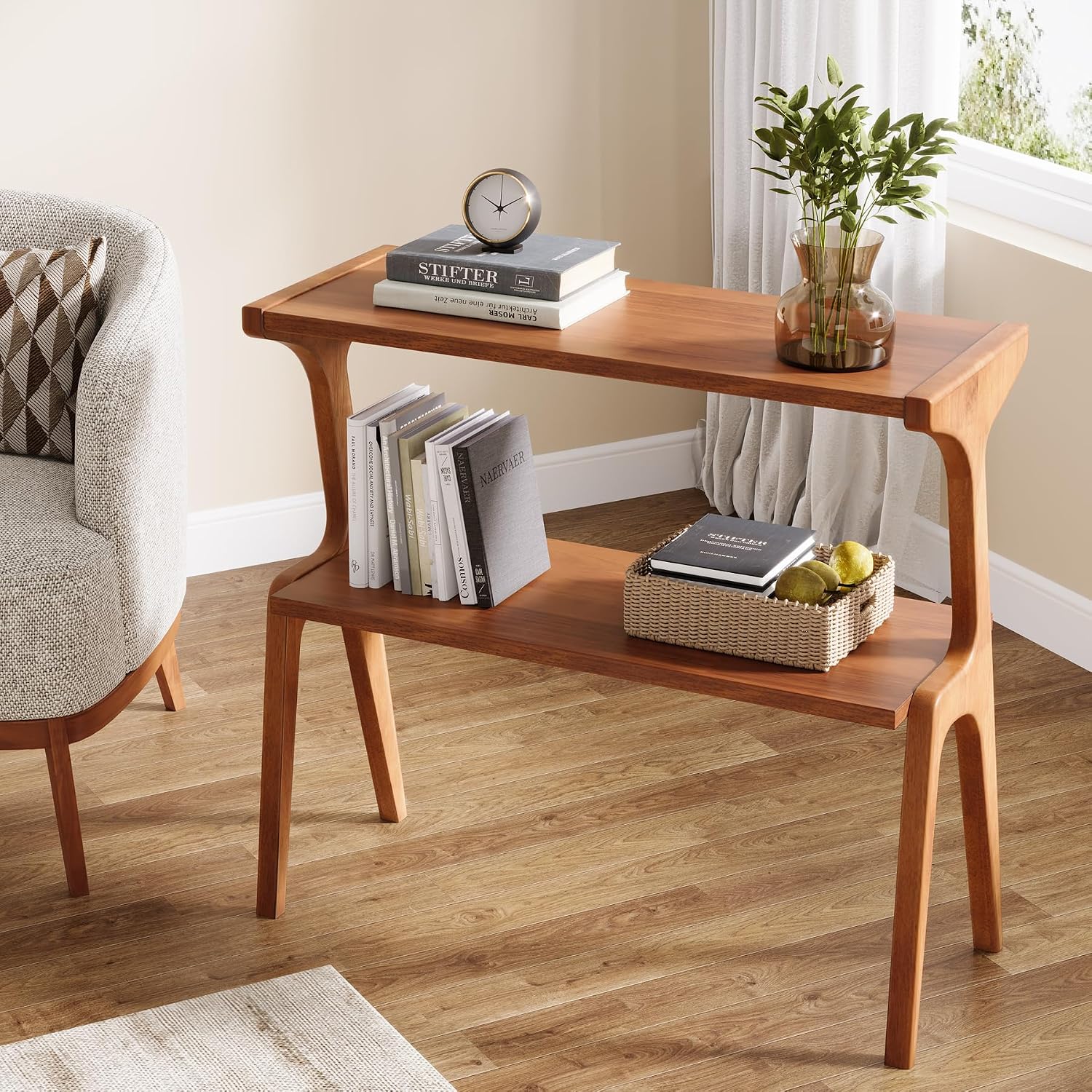 Tribesigns Set of 2 Wood End Table, Farmhouse Couch Side Table, Narrow Bedside Table for Bedroom, Living Room, Small Spaces, Easy Assembly, Walnut