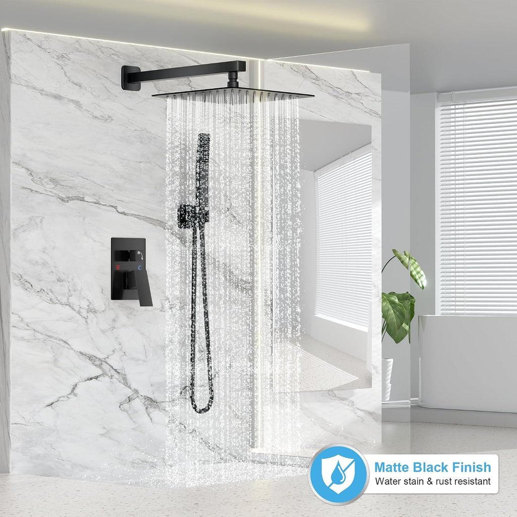 FPXRNG Black Shower Faucet Set, Rainfall Shower System with Square Shower Head and Handle Set, Wall Mounted Shower Fixtures, Full Metal Trim Repair Kit 12 inch Matte Black (With Shower Valve)