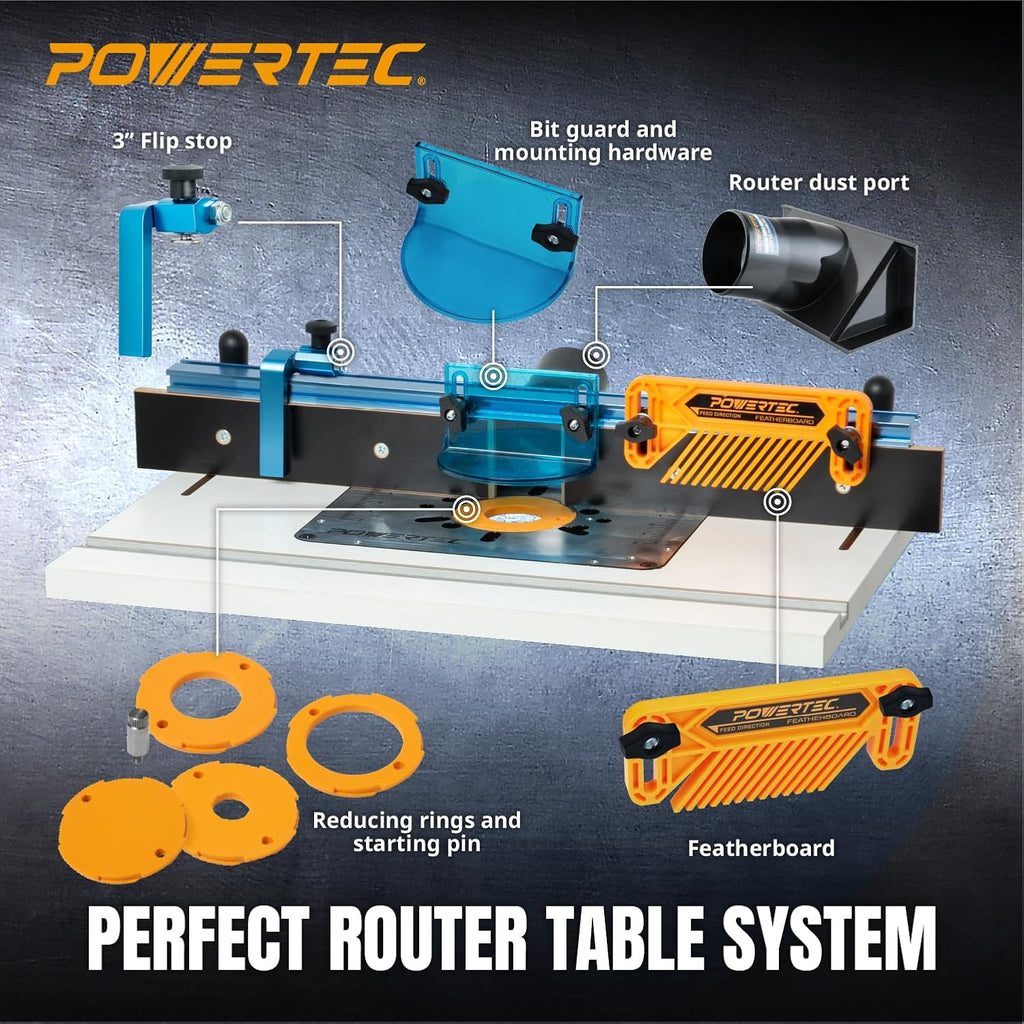 POWERTEC Benchtop Router Table w/Metal Stand and Adjustable Fence Set – 24' x 16' Laminated MDF Top, Aluminum Insert Plate, 2-1/2' Dust Port, Fence Stop, Featherboard and More Accessories (71963)