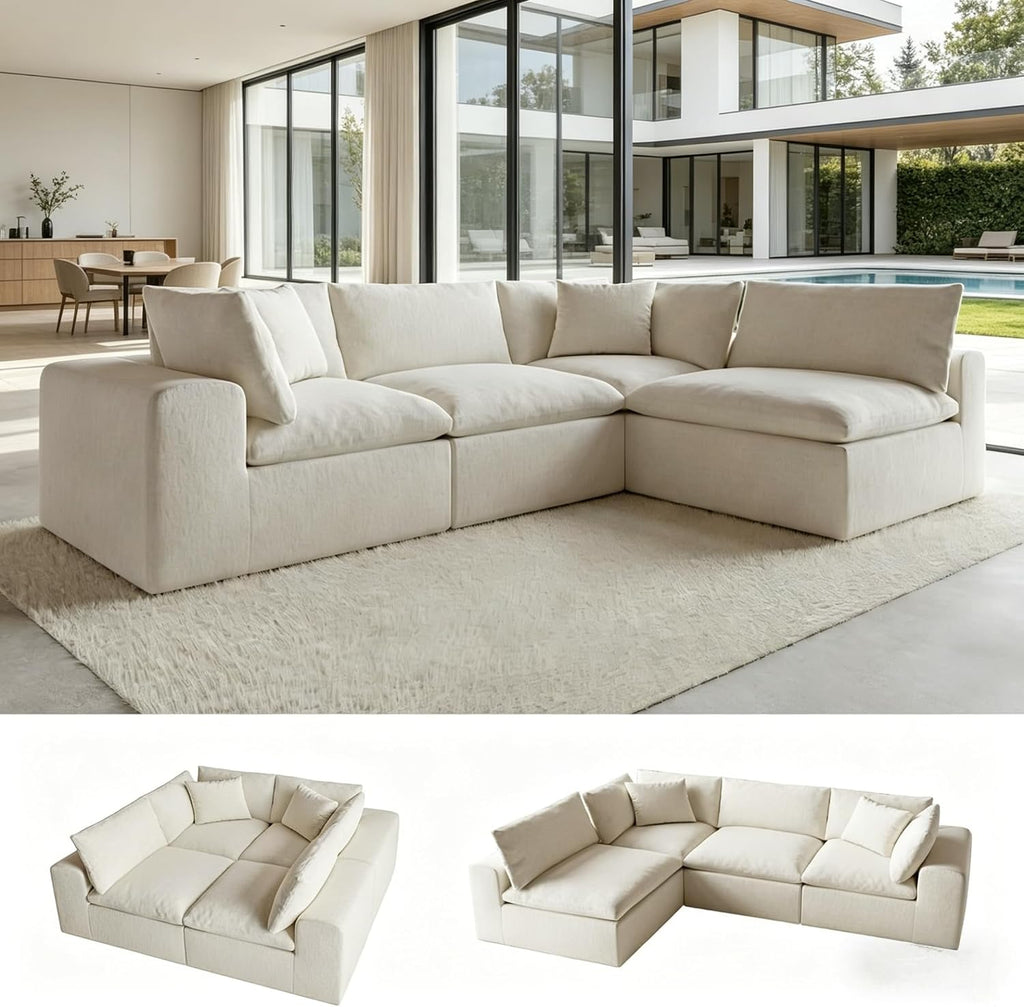 130' Oversized Boneless Cloud Couch, Modular Sectional Couches for Living Room, L-Shaped with Deep Seats, No Assembly Required, 4-Seater Washable Fabric Sleeper Sofa, White