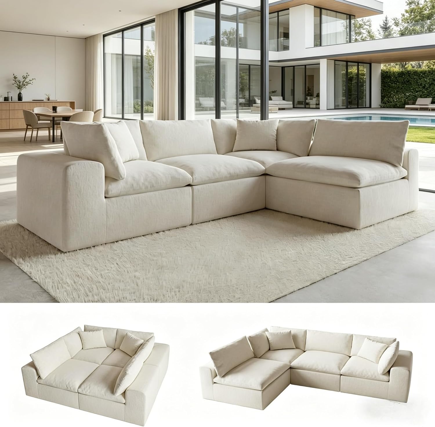 130' Oversized Boneless Cloud Couch, Modular Sectional Couches for Living Room, L-Shaped with Deep Seats, No Assembly Required, 4-Seater Washable Fabric Sleeper Sofa, White