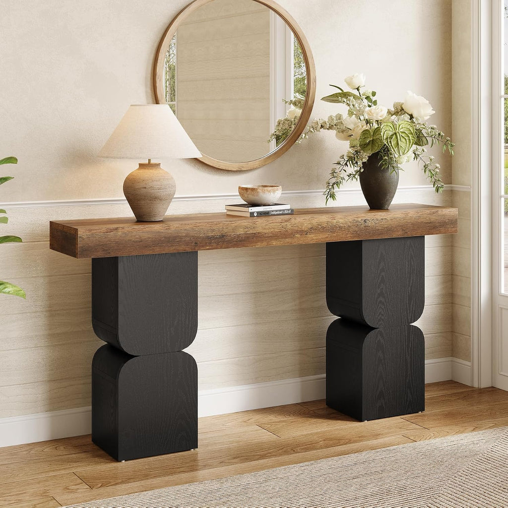 63-Inch Console Table, Heavy-Duty Look, Behind Couch Sofa Table, Color Blocking Design, Bold Structural Presence, Modern Entryway Furniture for Living Room, Hallway, Foyer, Brown + Black