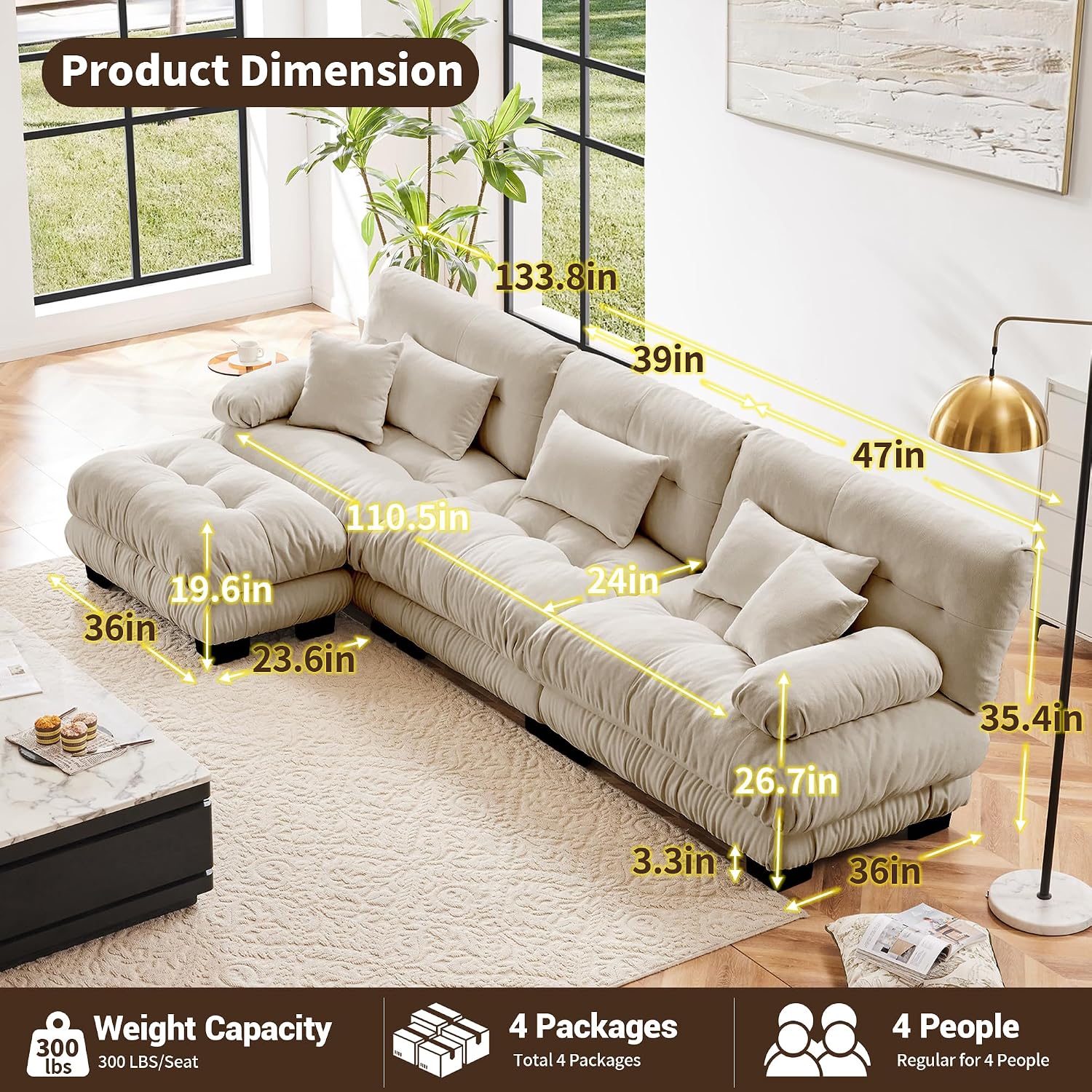 Modular Sectional Sofa 133.8' Cloud Couch, L Shaped Couch with Movable Ottoman, Modern Deep Seat Couches for Living Room, Oversized 3-Seater Sofa Comfy Chenille Sofas for Bedroom, Light Coffee