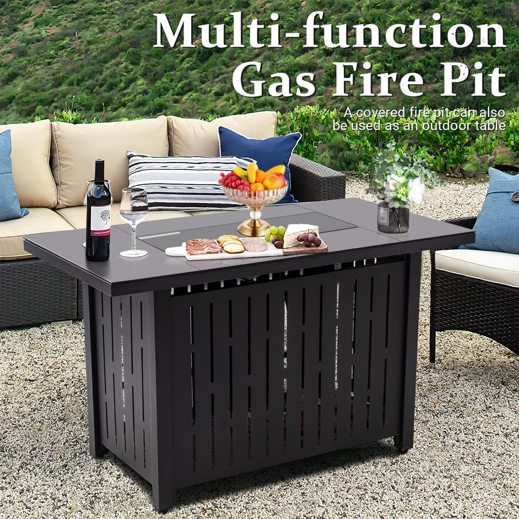 Greesum 44' Propane Gas Fire Pit Table 50,000 BTU Outdoor Rectangular FirePit with Lid, Rain Cover for Outside Garden Backyard Deck Patio, Black