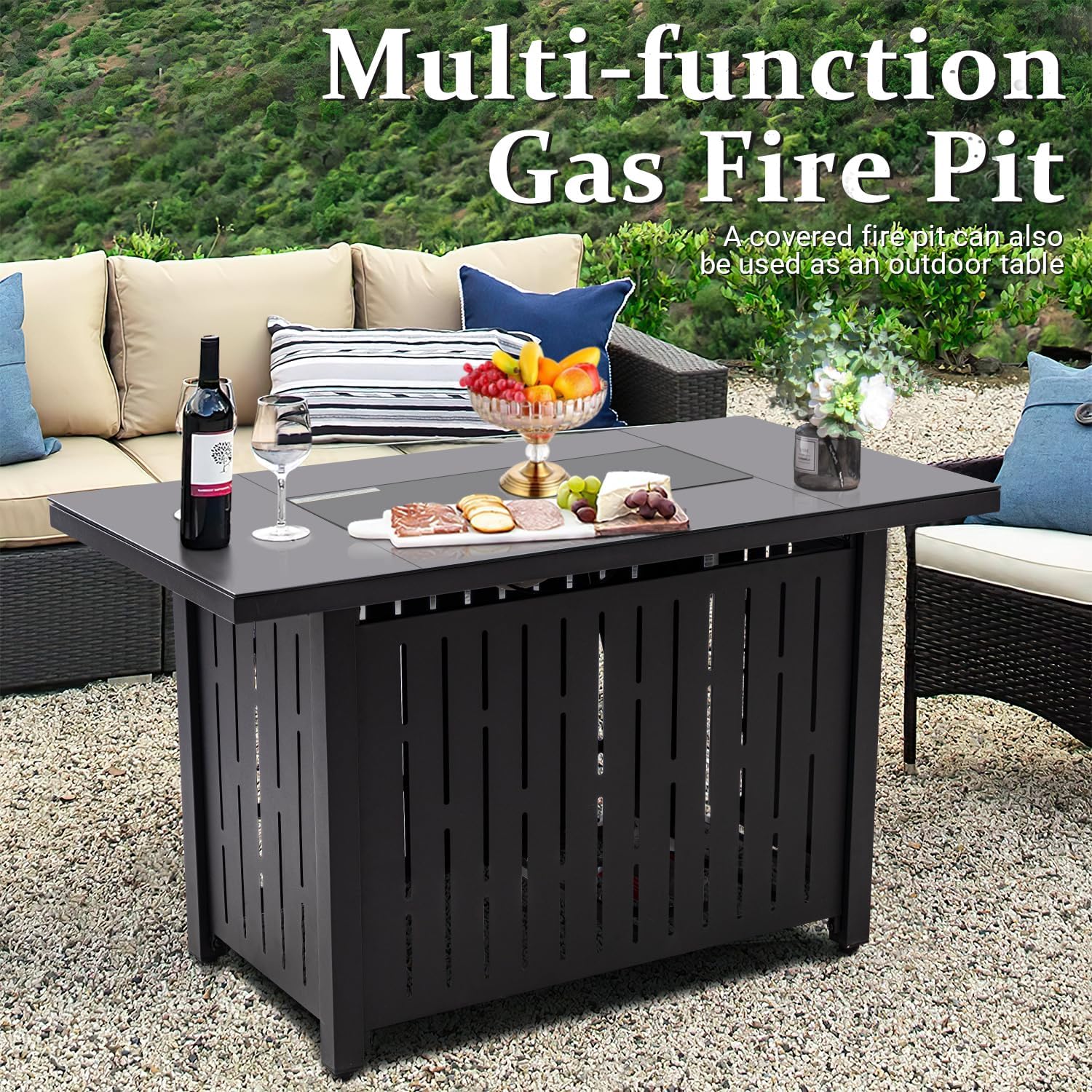 Greesum 44' Propane Gas Fire Pit Table 50,000 BTU Outdoor Rectangular FirePit with Lid, Rain Cover for Outside Garden Backyard Deck Patio, Black