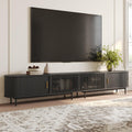 POVISON Fully-Assembled Sliding Tambour Door TV Stand, Mid Century Modern TV Console, Wood Media Console, Entertainment Center with Storage Cabinet(Black, 118.11')