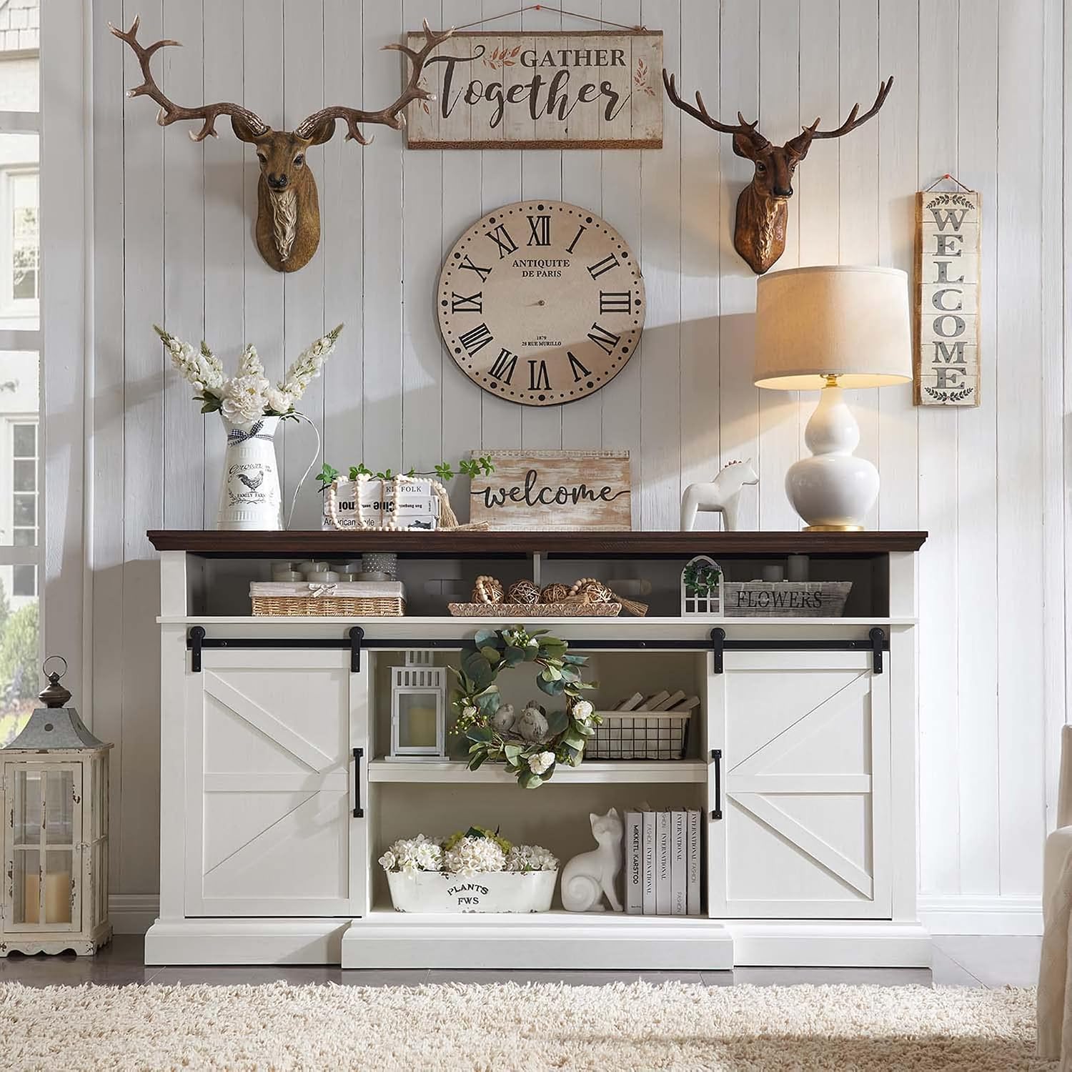 Farmhouse TV Stand for 80 Inch TVs, 37.4'Tall Entertainment Center w/Storage Cabinets and Sliding Barn Door, Media Console Cabinet w/Soundbar & Adjustable Shelves for Living Room, 70 inch (White)