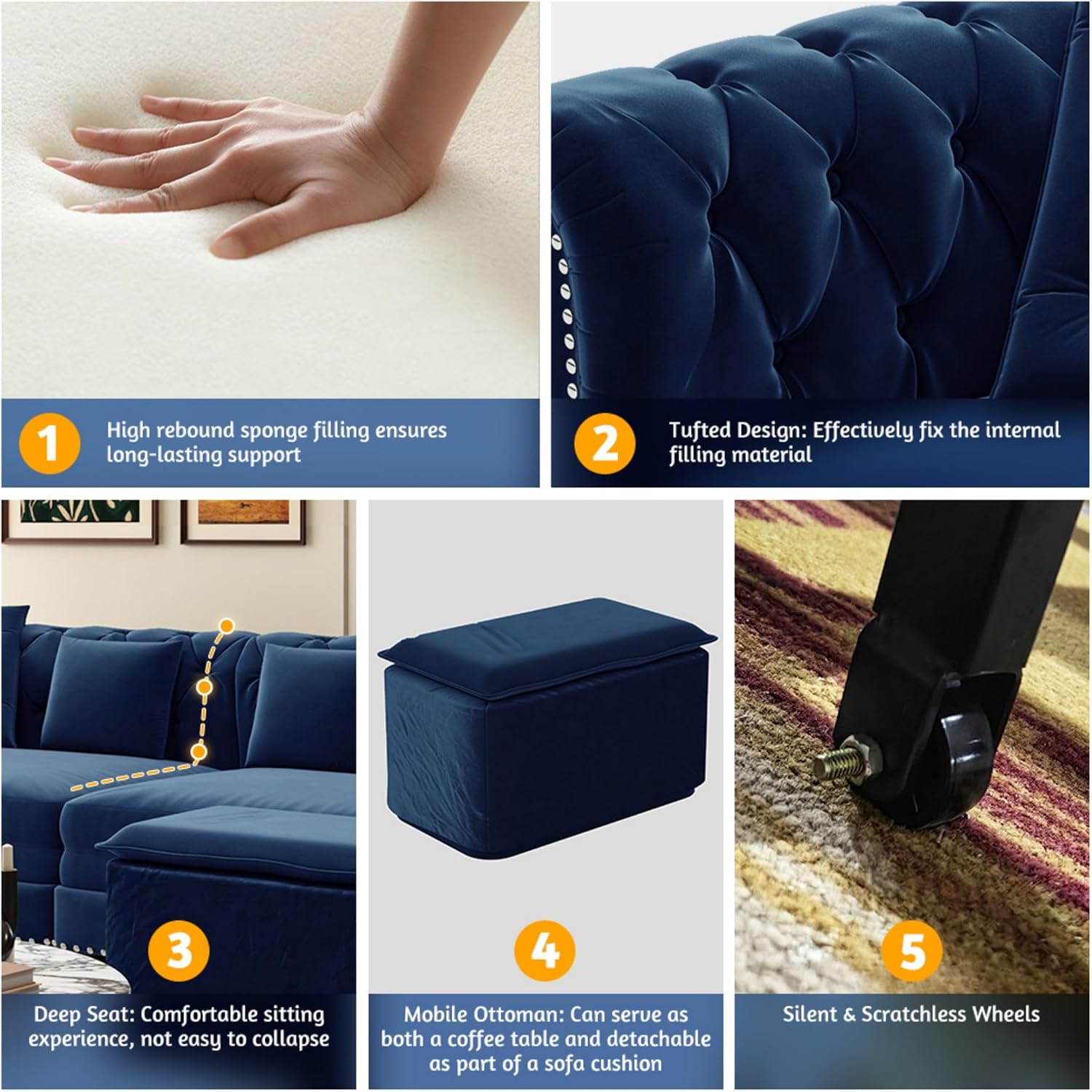 Ball & Cast 3-in-1 Convertible Sofa Bed with Movable Ottoman, 89' Pull Out Couch Bed King Size, Velvet 3 Seater Sleeper Sofa with Nailhead Trim & Rolled Arm,Sofa Couches for Living Room,Blue