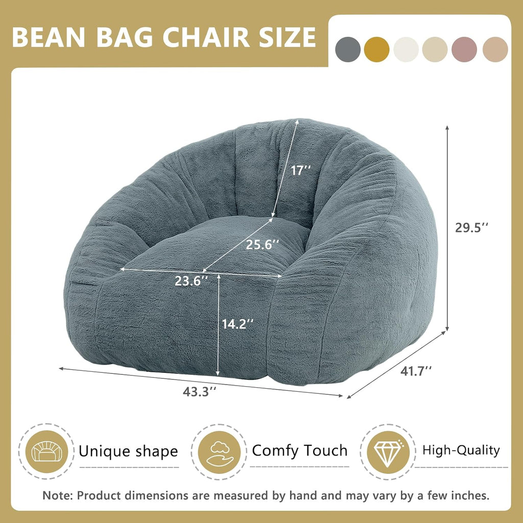 Bean Bag Chair for Adults, Soft Faux Fur Giant Beanbag Chairs, Oversized Cozy Bean Bag Couch Large Reading Chair, Comfy Bean Bag Sofa for Living Room, Bedroom & Dorm, Blue Grey