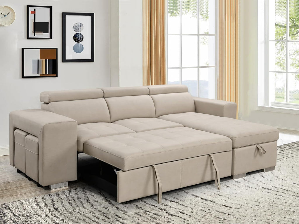 THSUPER 102'' Microfiber L Shaped Sectional Sleeper Sofa Couch with Pullout Bed and Storage Chaise, Convertible Couches with Adjustable Headrest for Living Room, Reversible Chaise. Beige