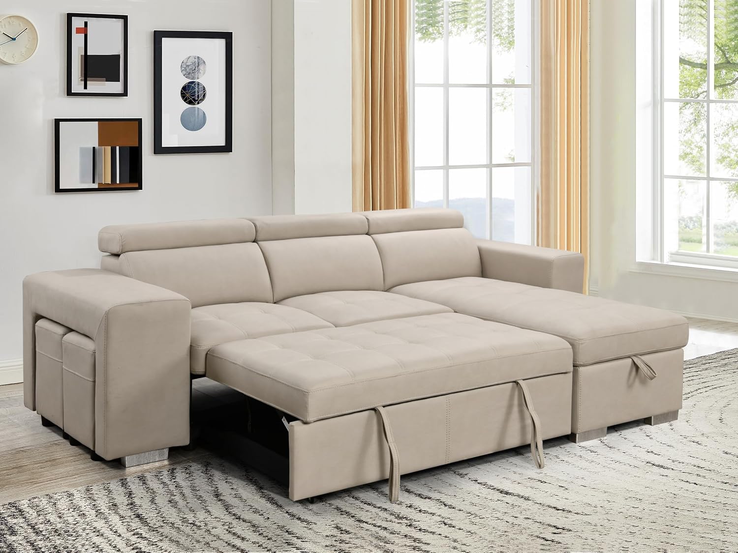 THSUPER 102'' Microfiber L Shaped Sectional Sleeper Sofa Couch with Pullout Bed and Storage Chaise, Convertible Couches with Adjustable Headrest for Living Room, Reversible Chaise. Beige