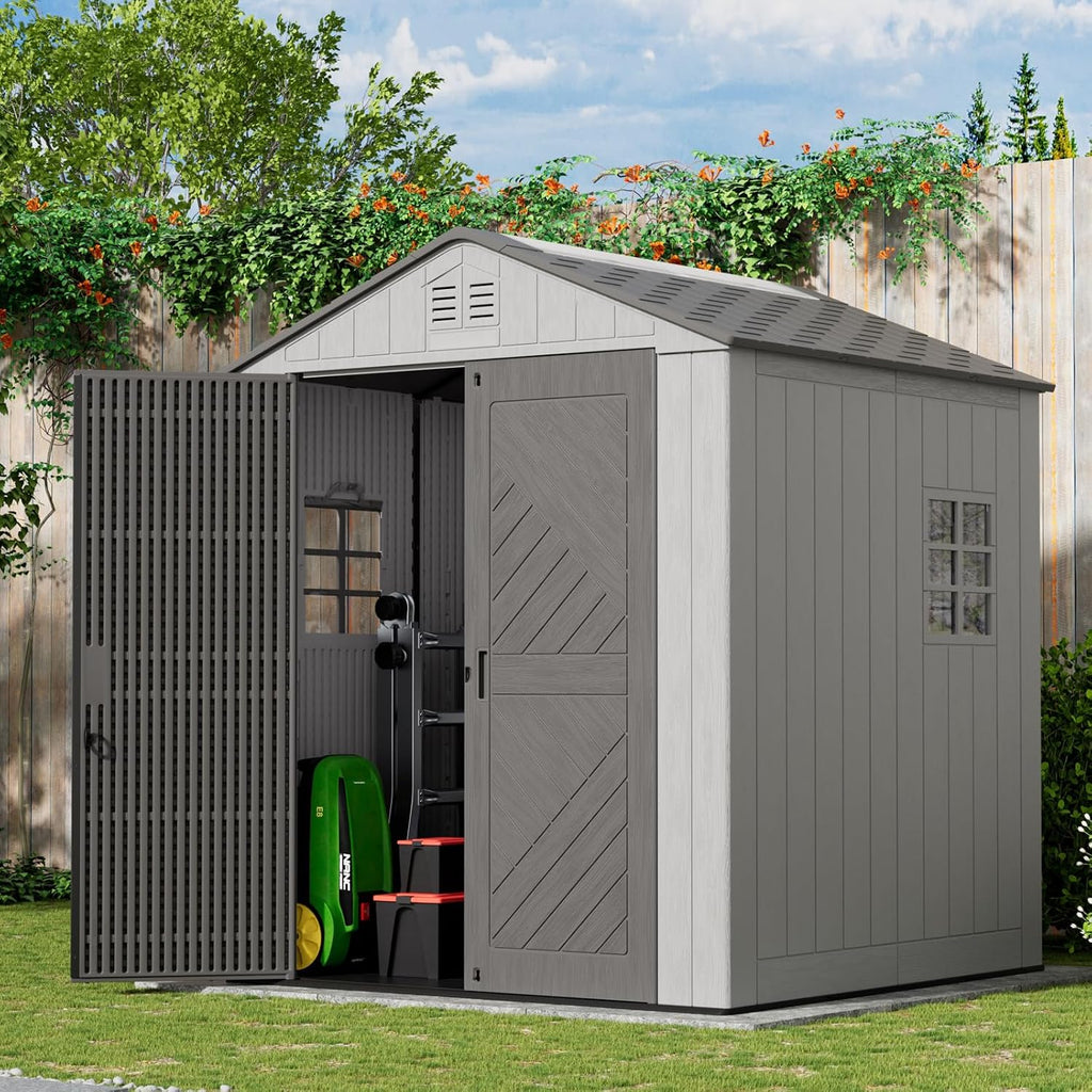 Mrosaa 6x6 FT Large Outdoor Storage Shed,HDPE Resin Outdoor Storage Sheds Weather Resistant,Lockable Garden Sheds with Windows for Home/Garden Tools/Backyard/Lawn Mower/Bike Storage(Gray)