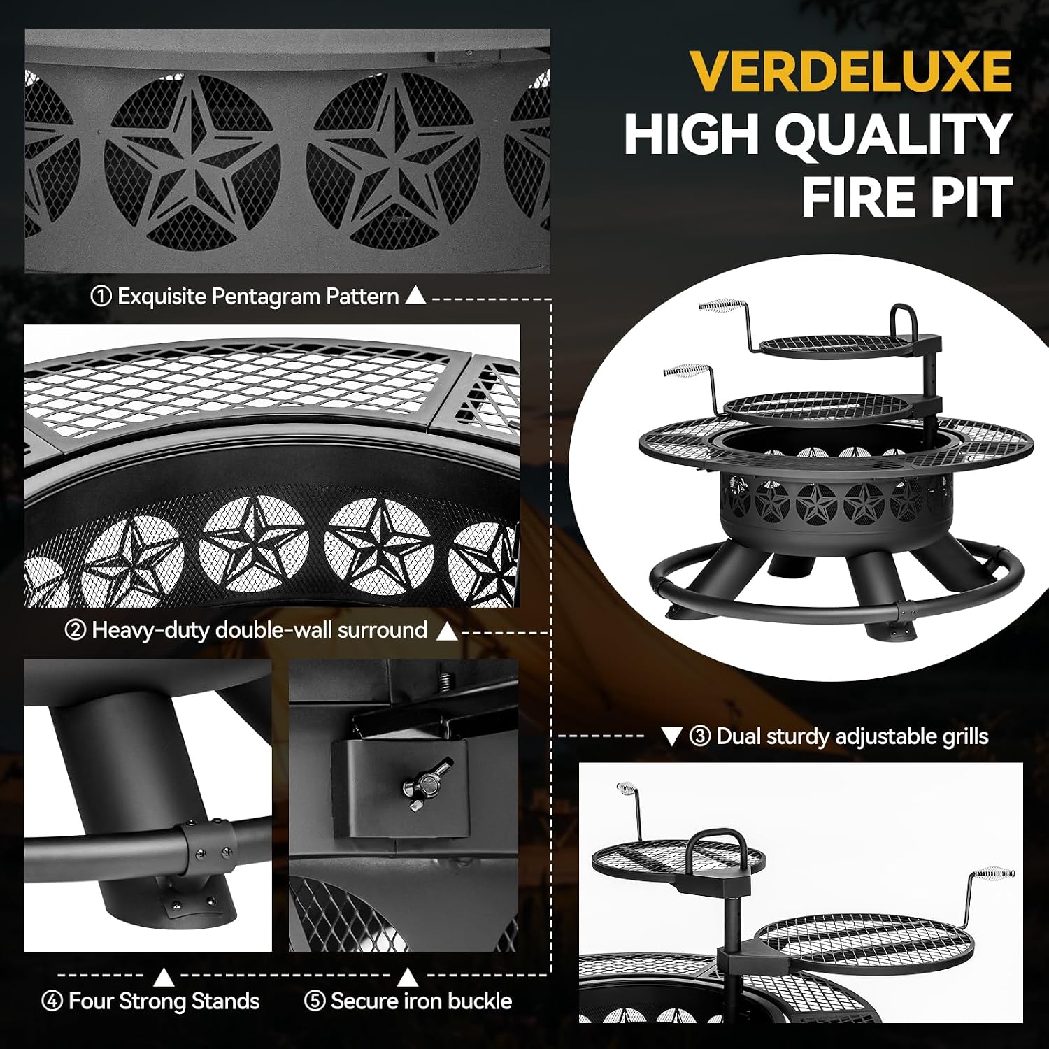 Verdeluxe 47 Inch Outdoor Fire Pit with 2 Grills, Extra Large BBQ Firepits for Outside, Metal Round Fire pits with Lid&Fire Poker,3 in 1 Wood Burning Outdoor Fireplaces for Backyard,Patio,Bonfire