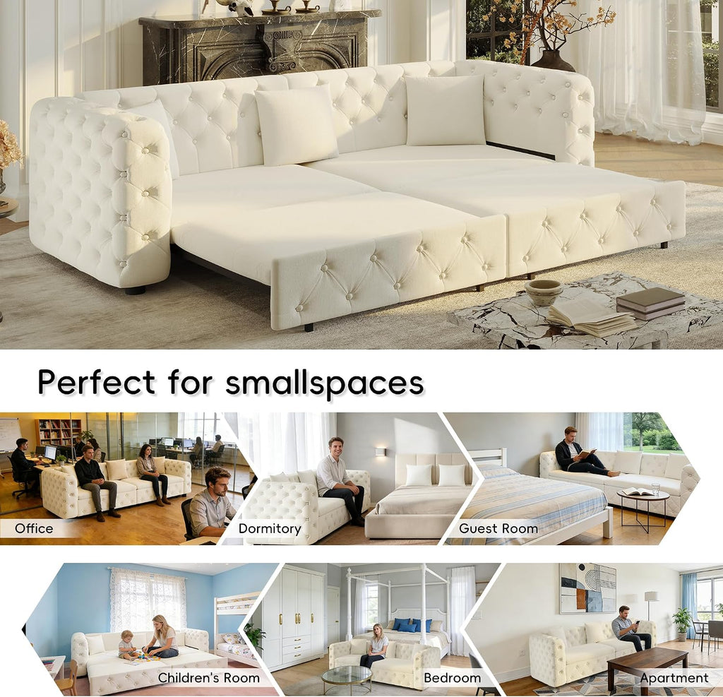 89' King Size Sleeper Sofa Bed, 3-in-1 Convertible Pull Out Chesterfield Sleeper Couch, Oversized Velvet Button Tufted Loveseat Sofa for Living Room Small Spaces, Beige White