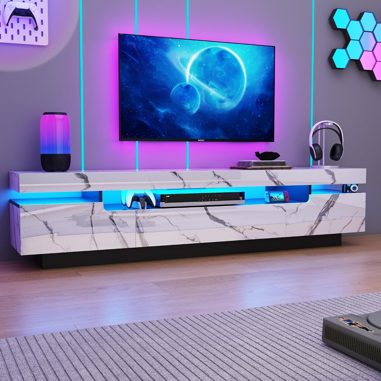 Uspeedy 70IN White TV Stand for 75/80 inch TV,Modern LED TV Stand for Living Room,High Gloss Entertainment Center with Storage Drawer,APP RGB Light,TV Console,Television Stands(Marbling)