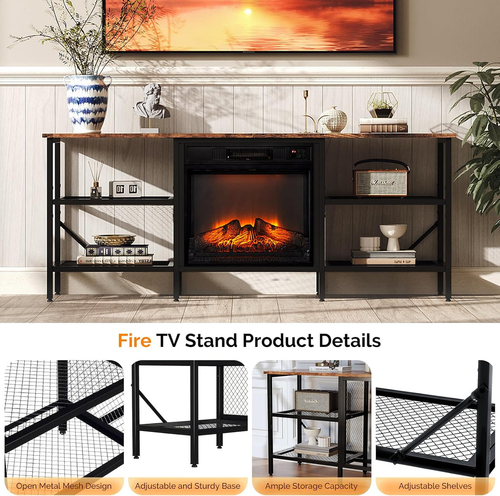 Bonnlo Industrial Fireplace TV Stand, 58' Entertainment Center with 18' Electric Fireplace Heater, TV Console with Open Metal Mesh Frame & Shelves up for 70 Inch TVs, Rustic Brown