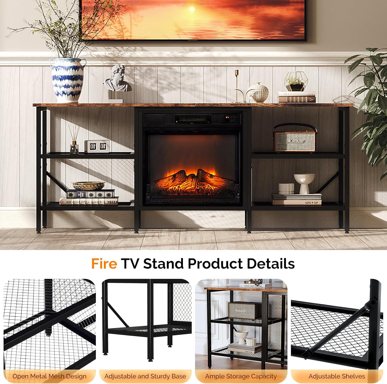 Bonnlo Industrial Fireplace TV Stand, 58' Entertainment Center with 18' Electric Fireplace Heater, TV Console with Open Metal Mesh Frame & Shelves up for 70 Inch TVs, Rustic Brown