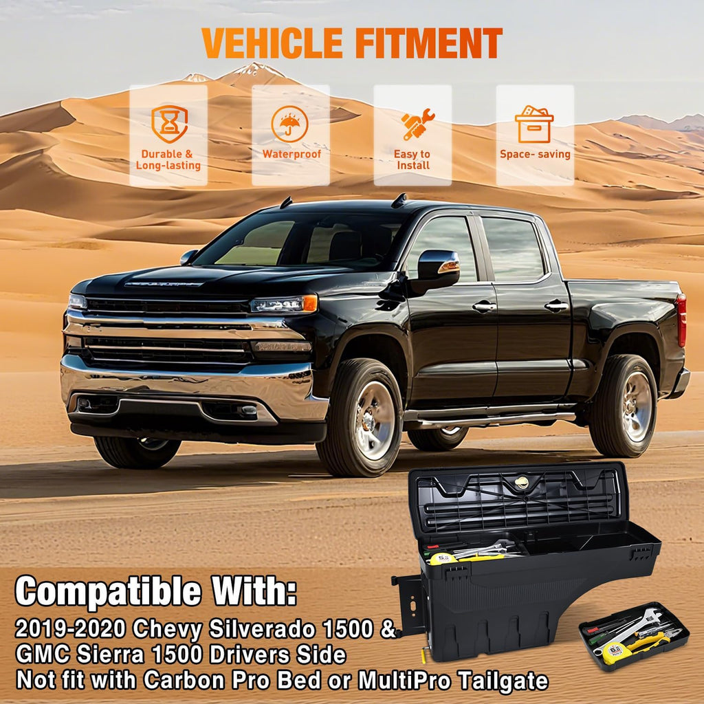 Nilight Truck Bed Tool Box Left Drivers Side Truck Tool Box Fit for Chevrolet Silverado 1500 GMC Sierra 1500 2019 2020 ABS Swing Case Truck Bed Storage Box w Lockable Lid Waterproof Wheel Well Toolbox