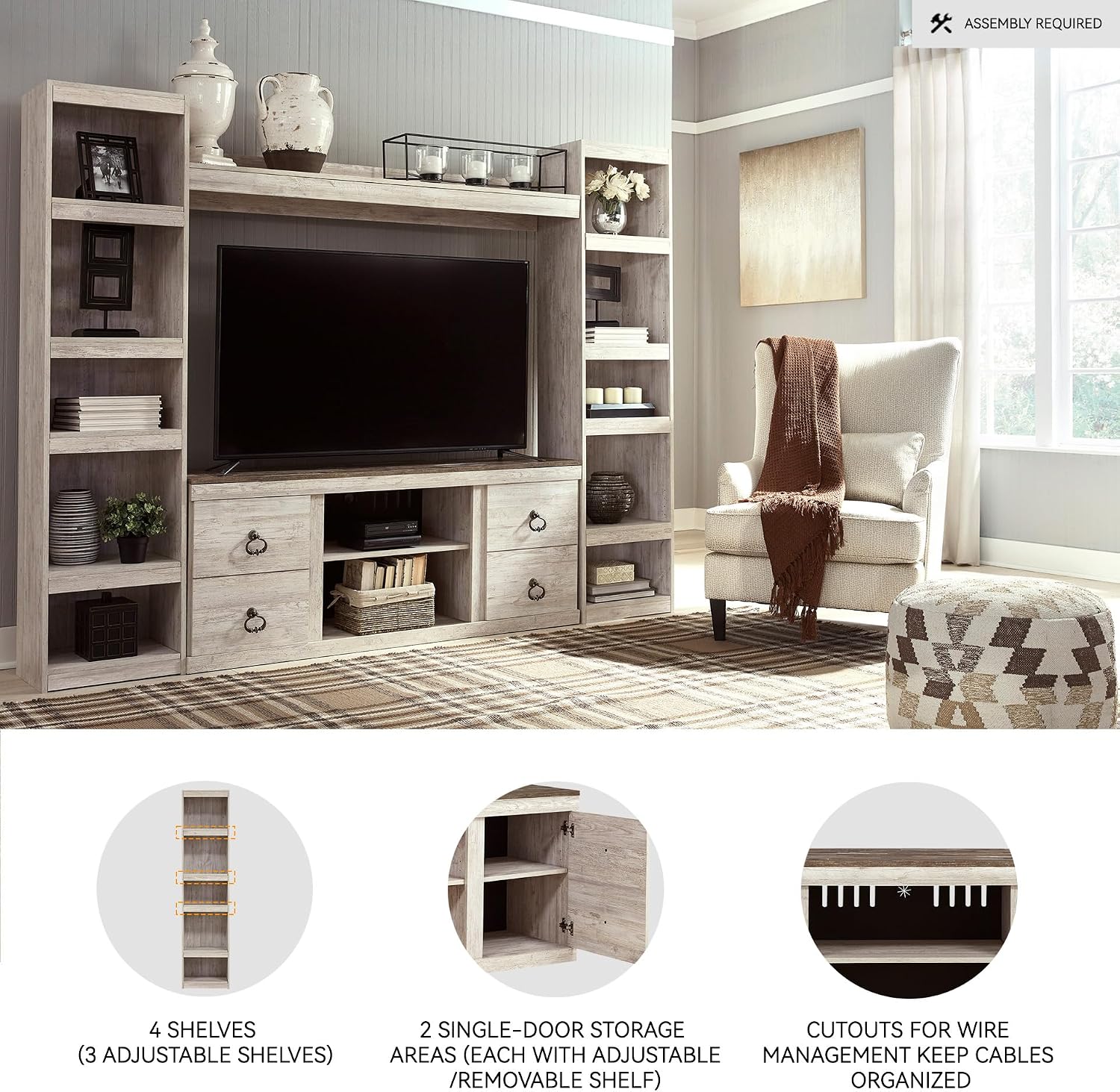 Signature Design by Ashley Willowton Farmhouse 4-Piece Entertainment Center for TVs up to 69' with Adjustable Shelves, Whitewash
