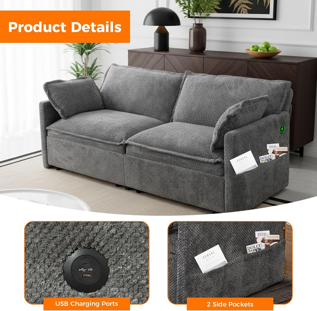 3 in 1 King Size Sofa Bed-73.6' Convertible Sofa Bed with USB/C-Type Charging Ports,Corduroy Sleeper Sofas with Side Pockets,Loveseat Chaise Lounge for Living Room,Bedroom,Apartments,Grey