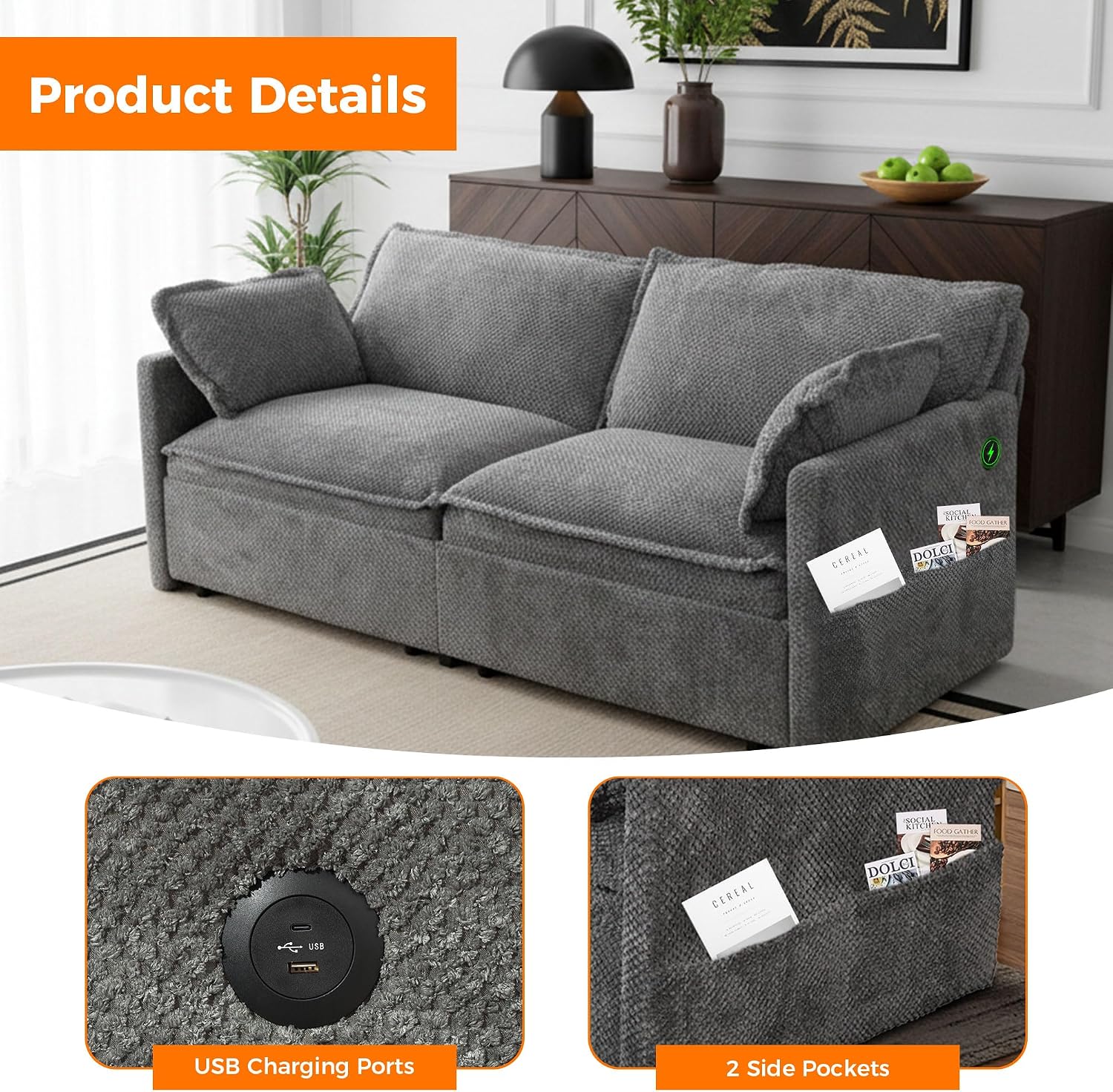 3 in 1 King Size Sofa Bed-73.6' Convertible Sofa Bed with USB/C-Type Charging Ports,Corduroy Sleeper Sofas with Side Pockets,Loveseat Chaise Lounge for Living Room,Bedroom,Apartments,Grey