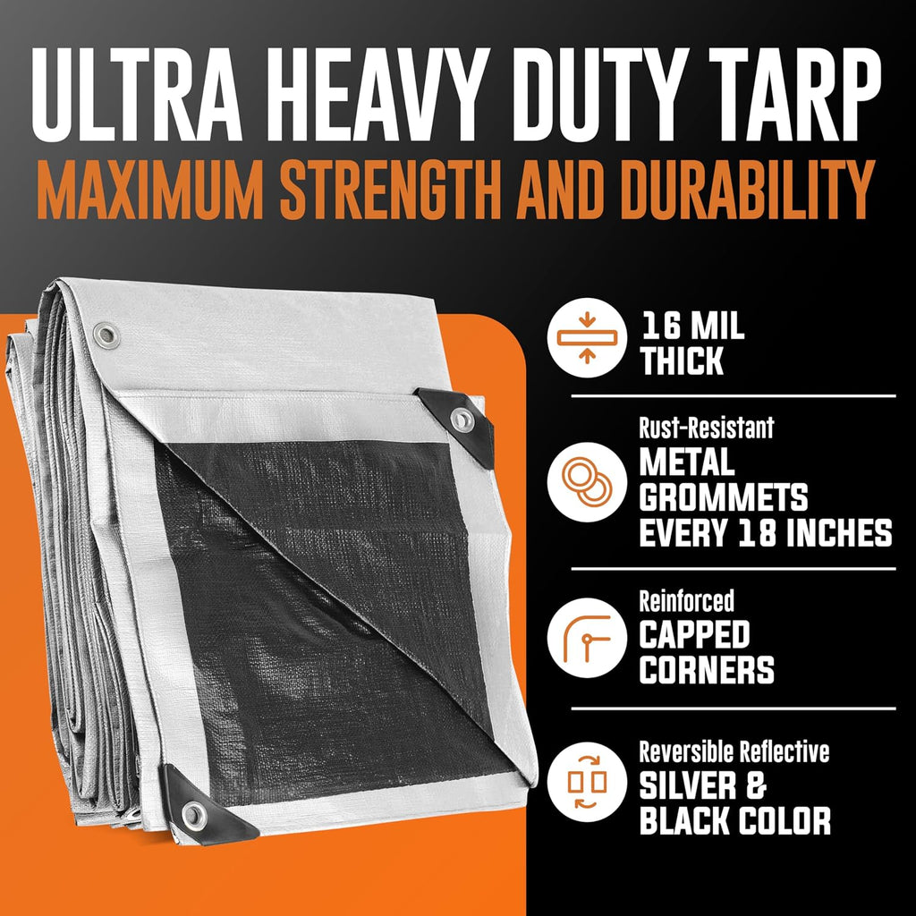 20x30 Tarp Ultra Heavy Duty, Extra Thick 16 Mil, UV Resistant, Grommets Every 18 Inches - Waterproof Plastic Poly Tarpaulin - (Reversible, Silver and Black) (20' x 30' Feet)