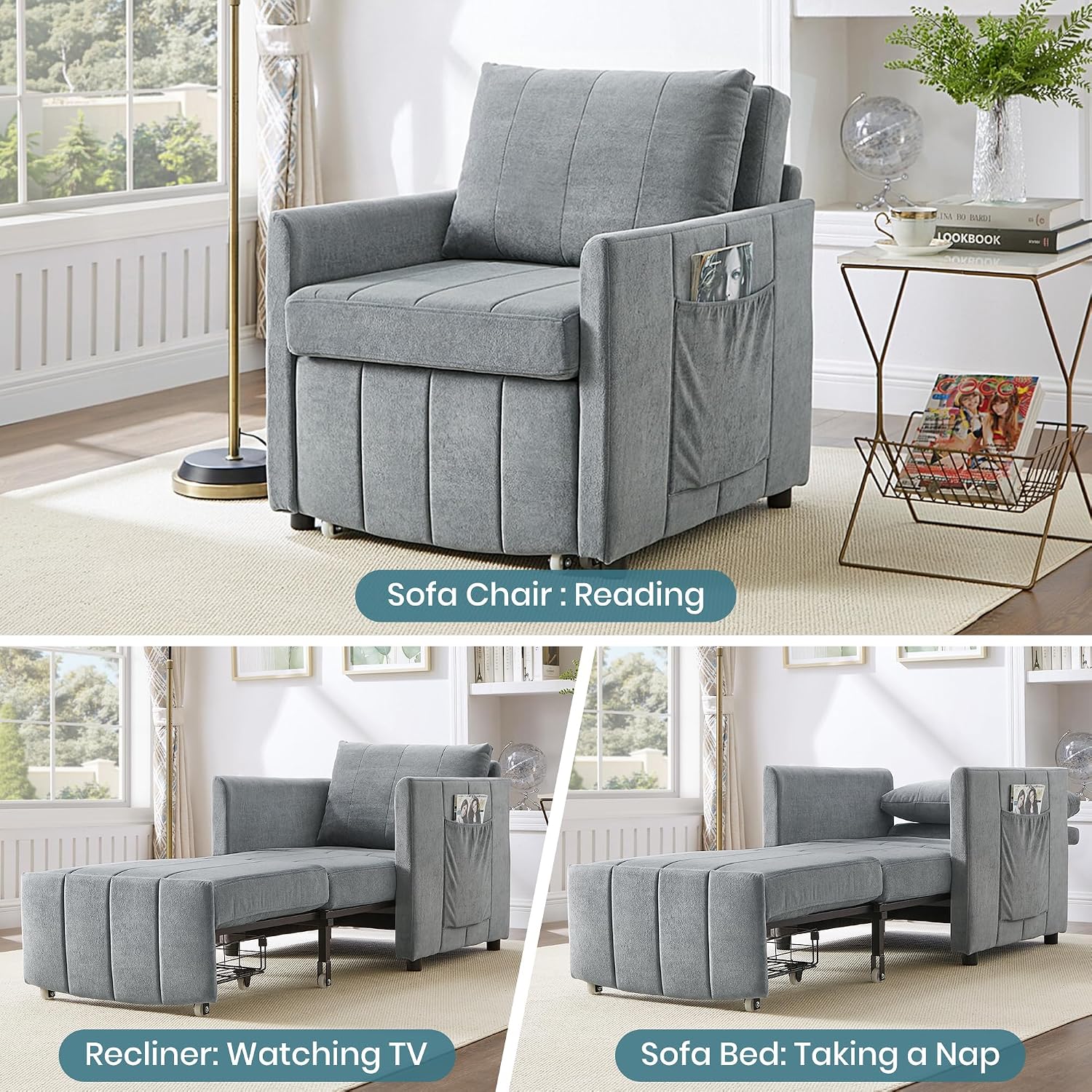 Ball & Cast 31.5' Convertible Pull-Out Sleeper Sofa Bed,Chenille Upholstered Pull Out Couch Chair,3 in 1 Single Sofa Chair W/Storage Basket and Side Pocket,Recliner Chaise Lounge for Living Room,Grey